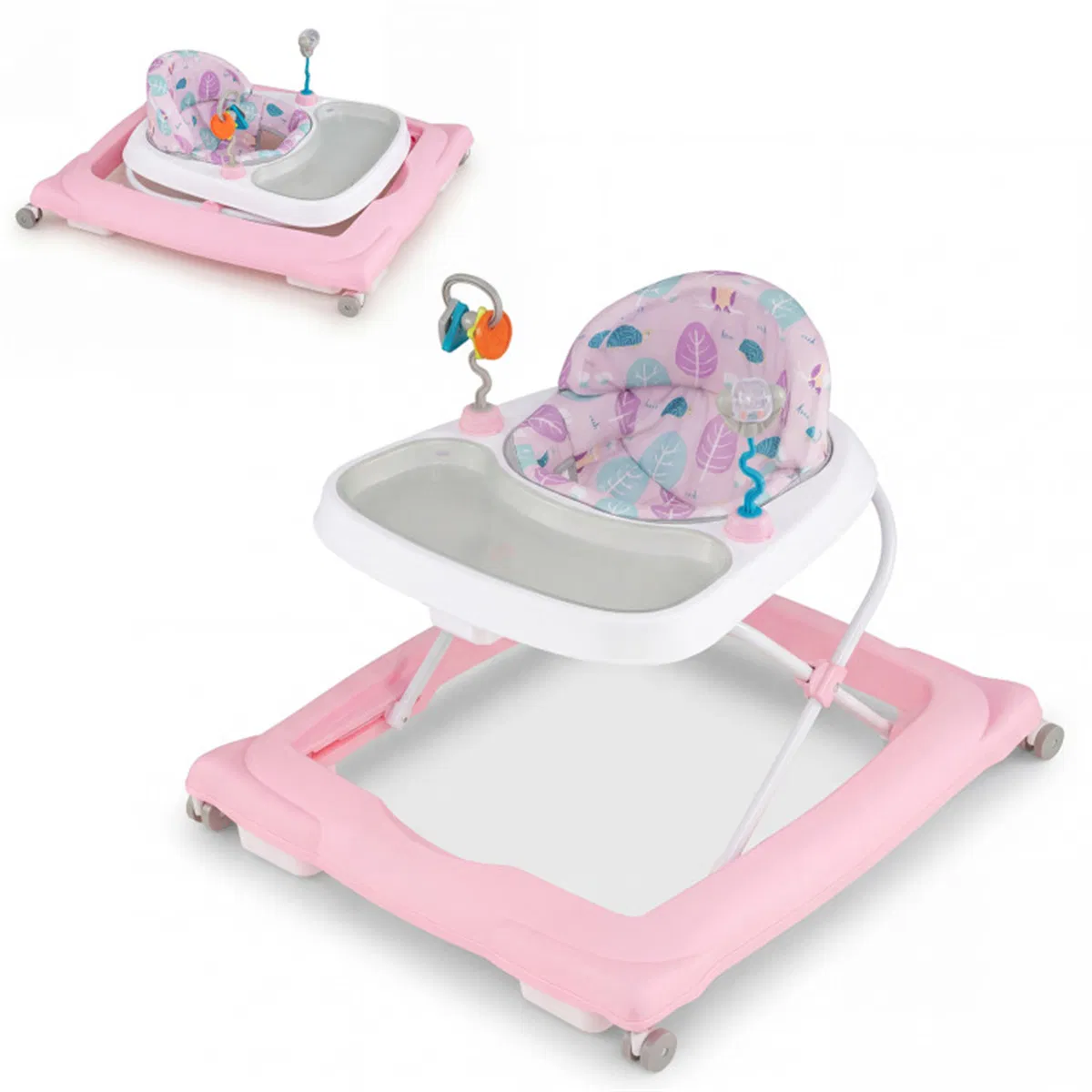 Pink Foldable Baby Walker with Detachable Tray & Shape Sorter Toys, 3-Level Height…