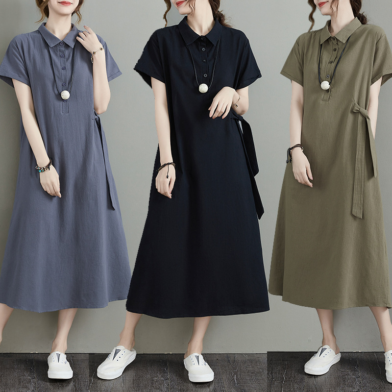 Japanese Solid Color Cotton And Linen Lapel Short-sleeve Loose Pocket Women's Casual Dress