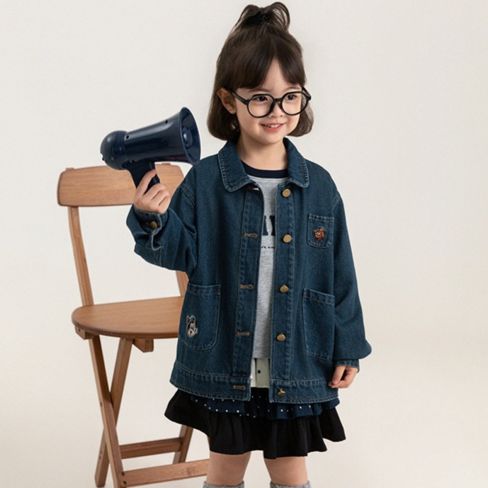 Children's Cartoon Embroidered-pocket Washed Denim Jacket