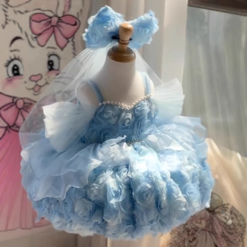 Blue Three-dimensional Floral Birthday Dress For Little Girls Performances