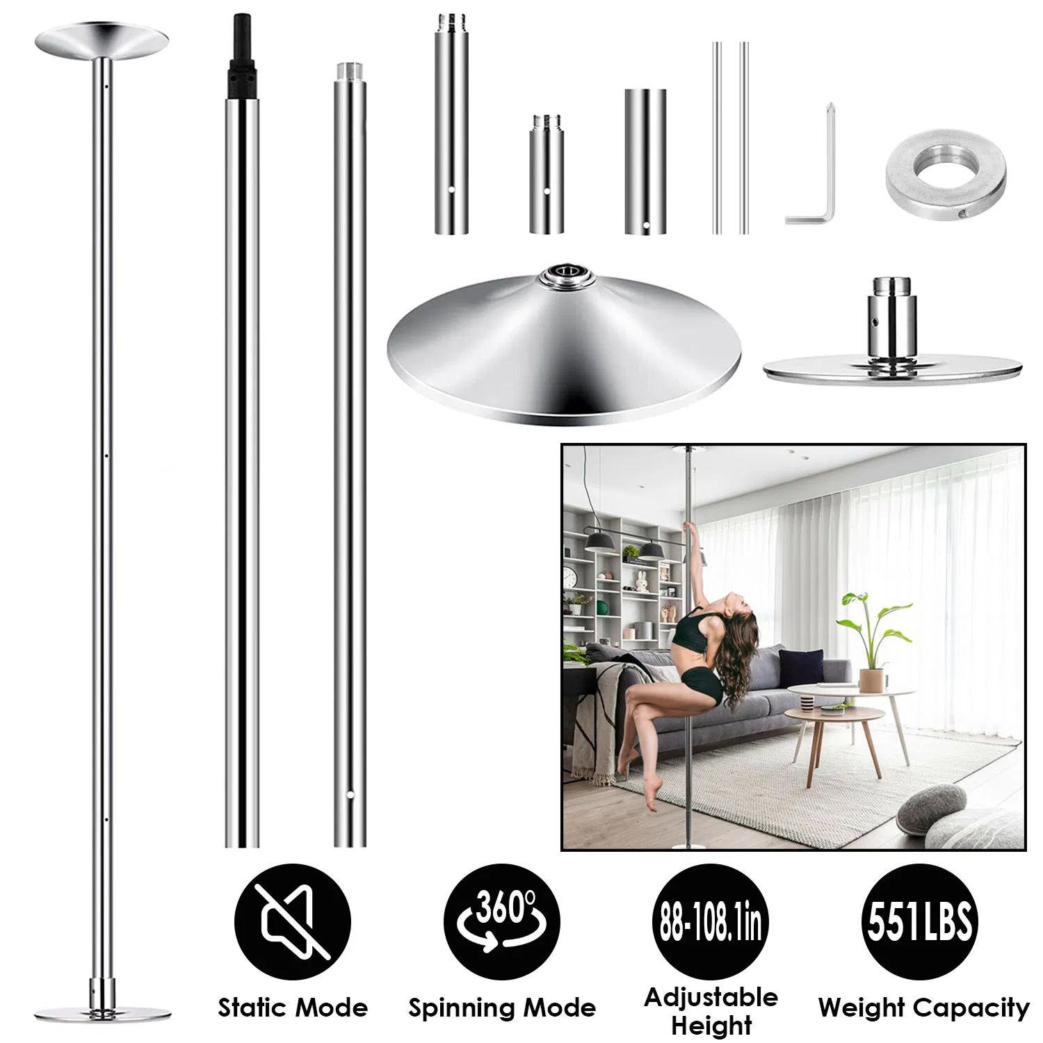 Stripper Dance Pole 45mm Spinning Static Dancing Pole with 88-108.1in Adjustable Height…