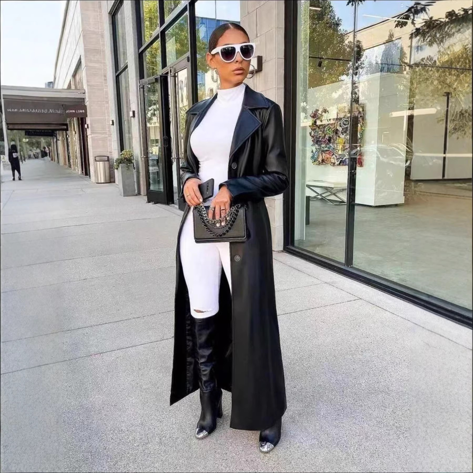 European And American-style Long-length Lapel PU Leather Jacket