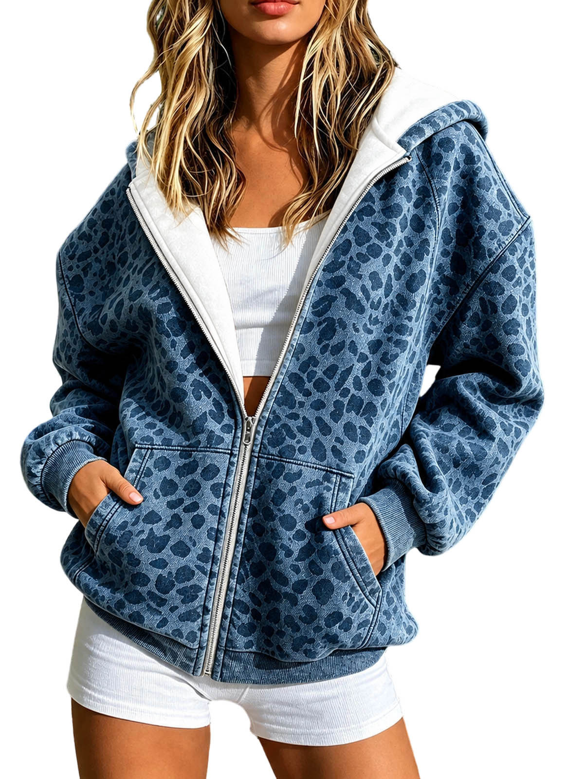 European And American Women's Fashion Leopard Print Hooded Zipper Sweatshirt Jacket Loose…