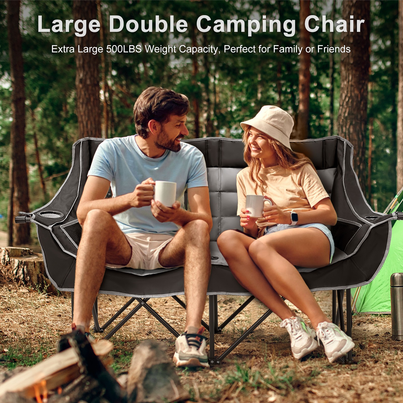 Double Camping Chair, Folding 2 Person Camping Chair Loveseat With Cup Holder