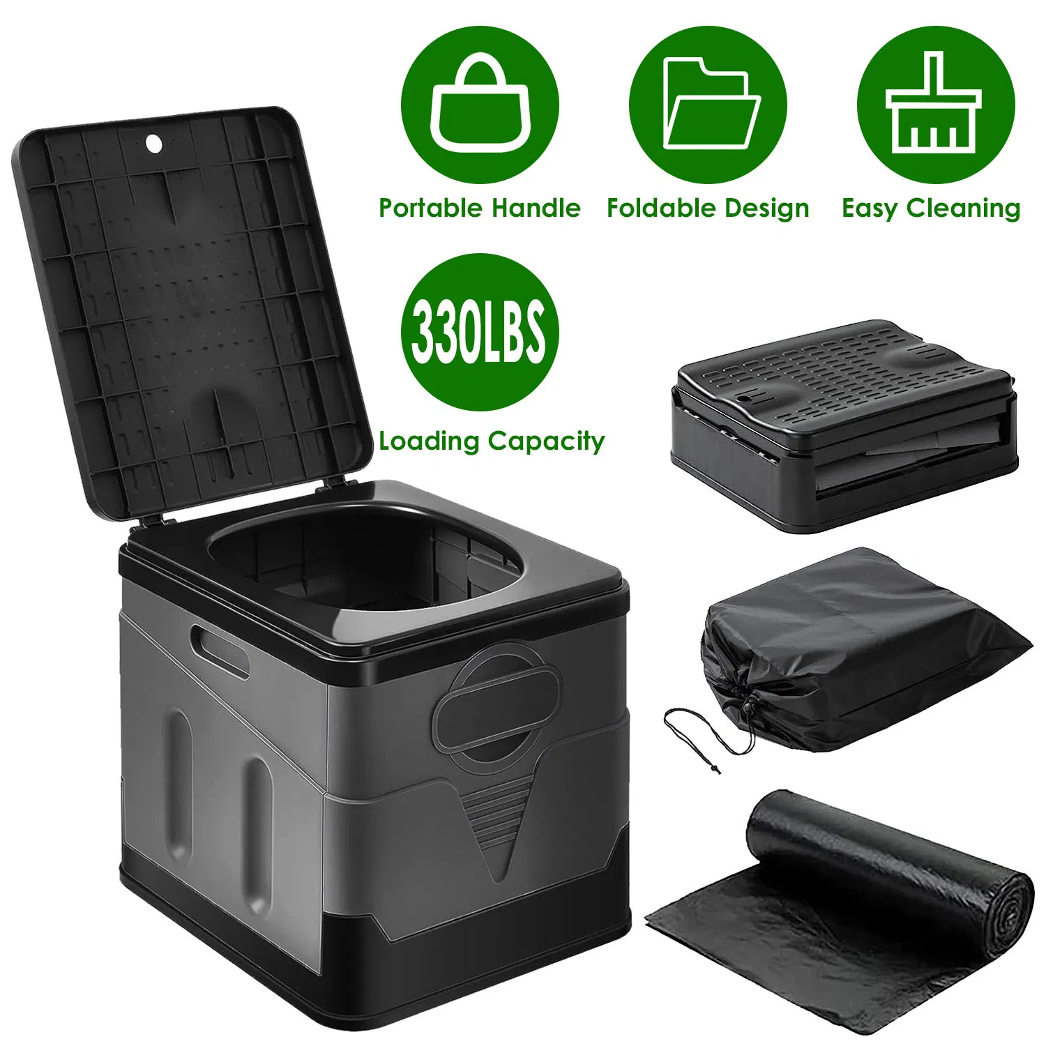Multi-Function Foldable Portable Toilet, 5.3Gal Capacity, 330-LBS Loading PP Camping…