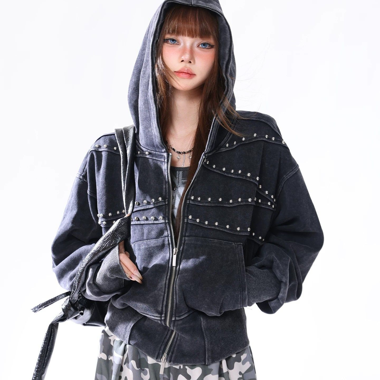 Vintage Distressed Waist-cinched Hooded Sweatshirt Versatile Womens Jacket