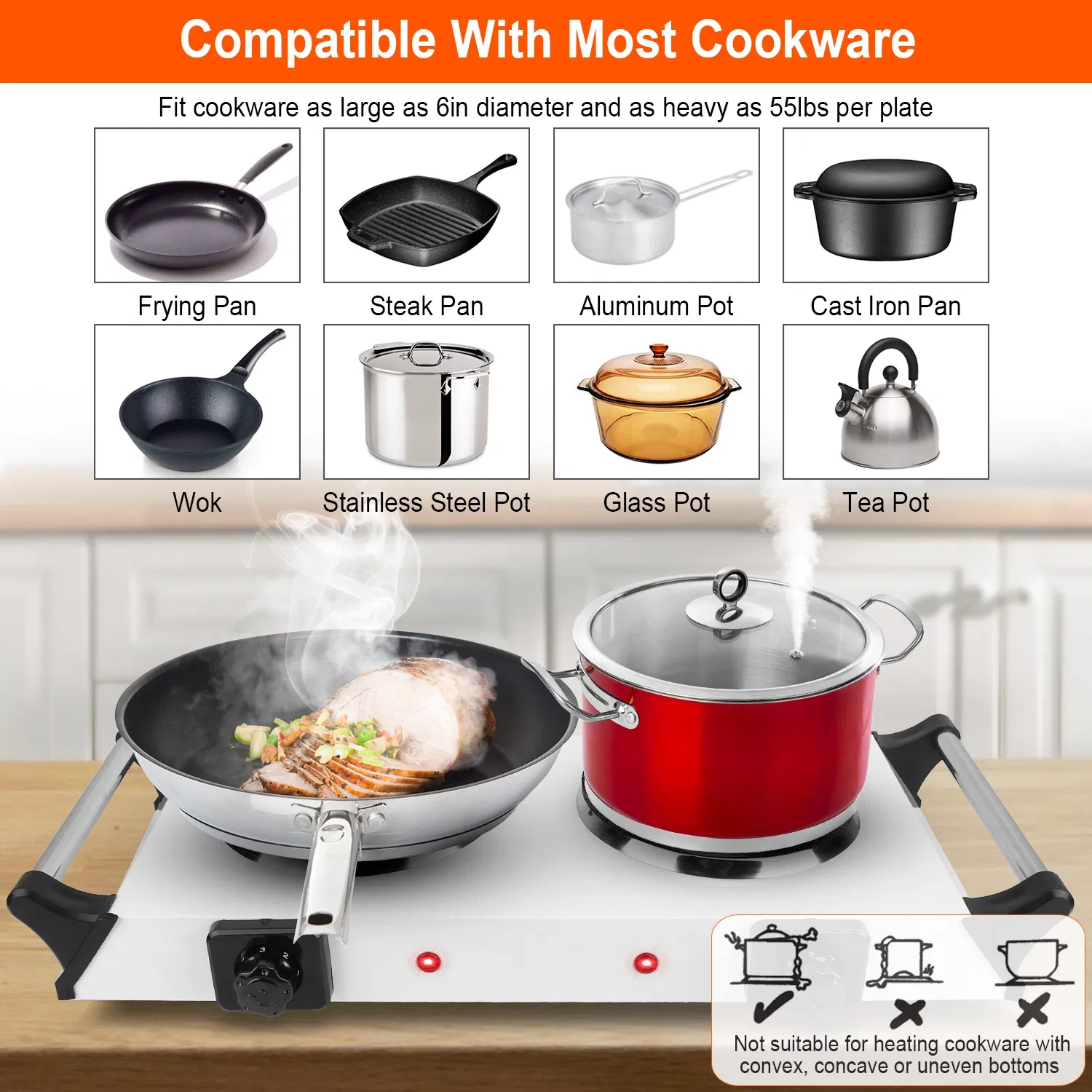 Portable Dual Burner Electric Stove - 2000W Power, 5 Temperature Levels, 5.5in Coils…