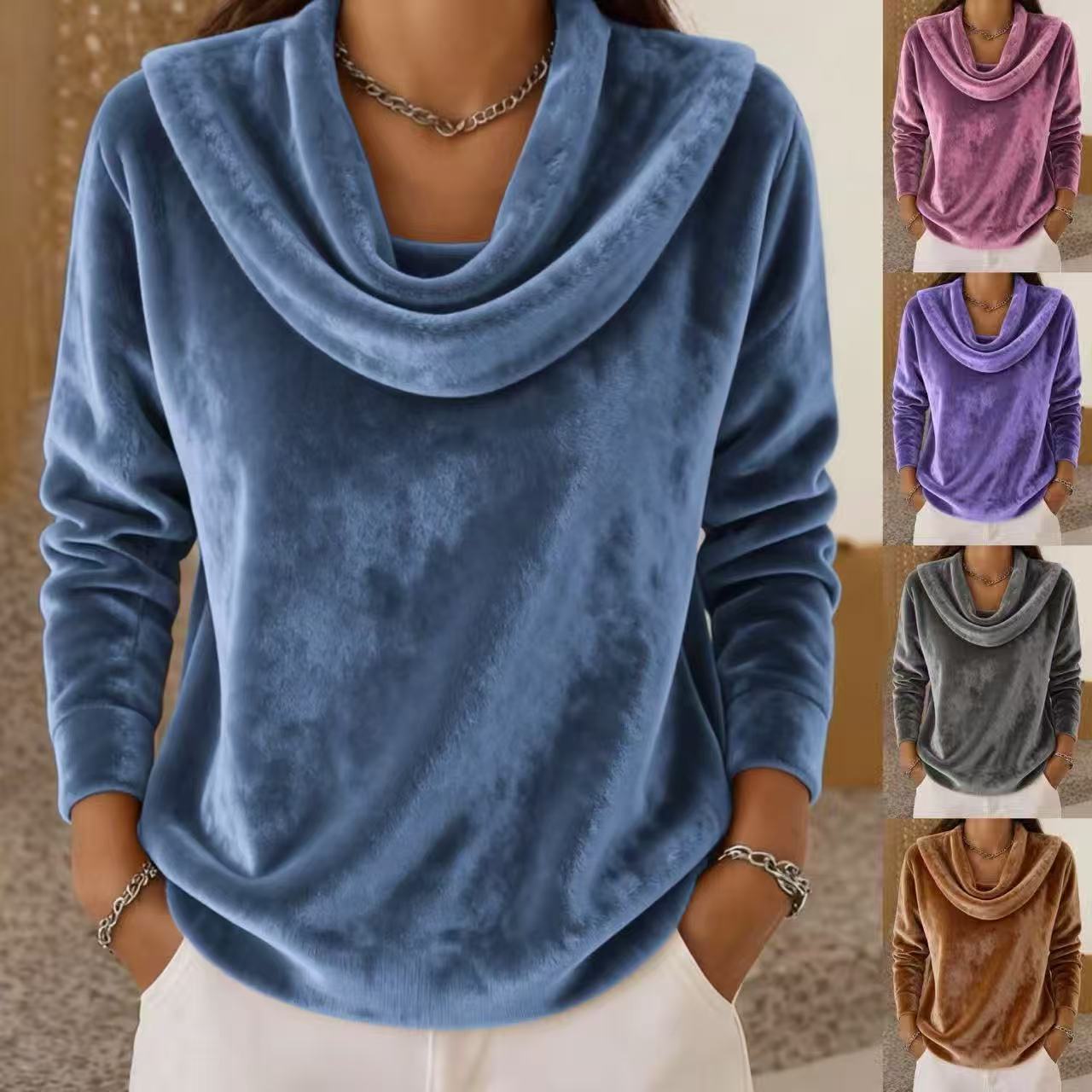 Casual Relaxed-fit Fashionable Solid-color Plush Long-sleeve Knit Top