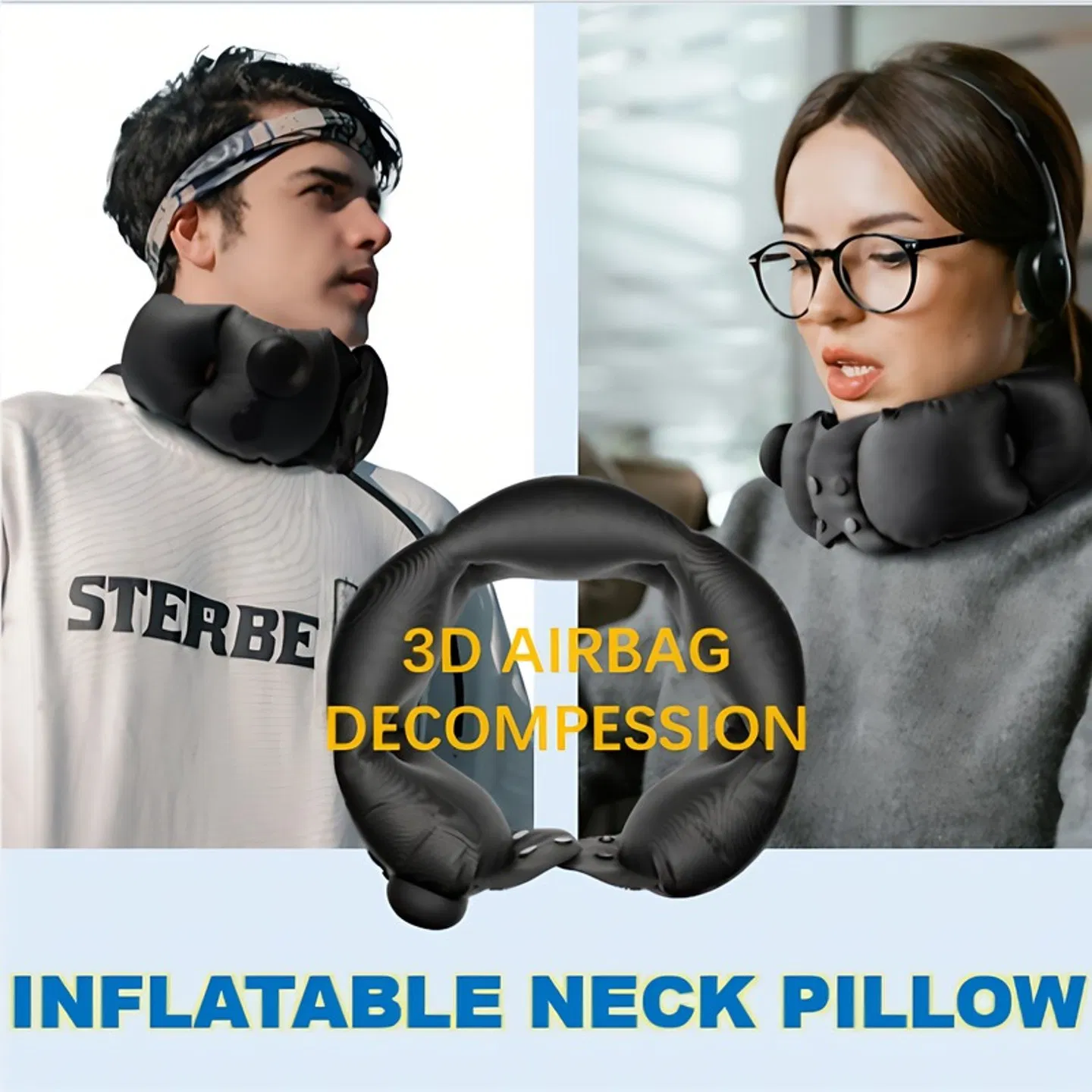 Inflatable neck pillow, adjustable in softness, made of skin-friendly material, providing…