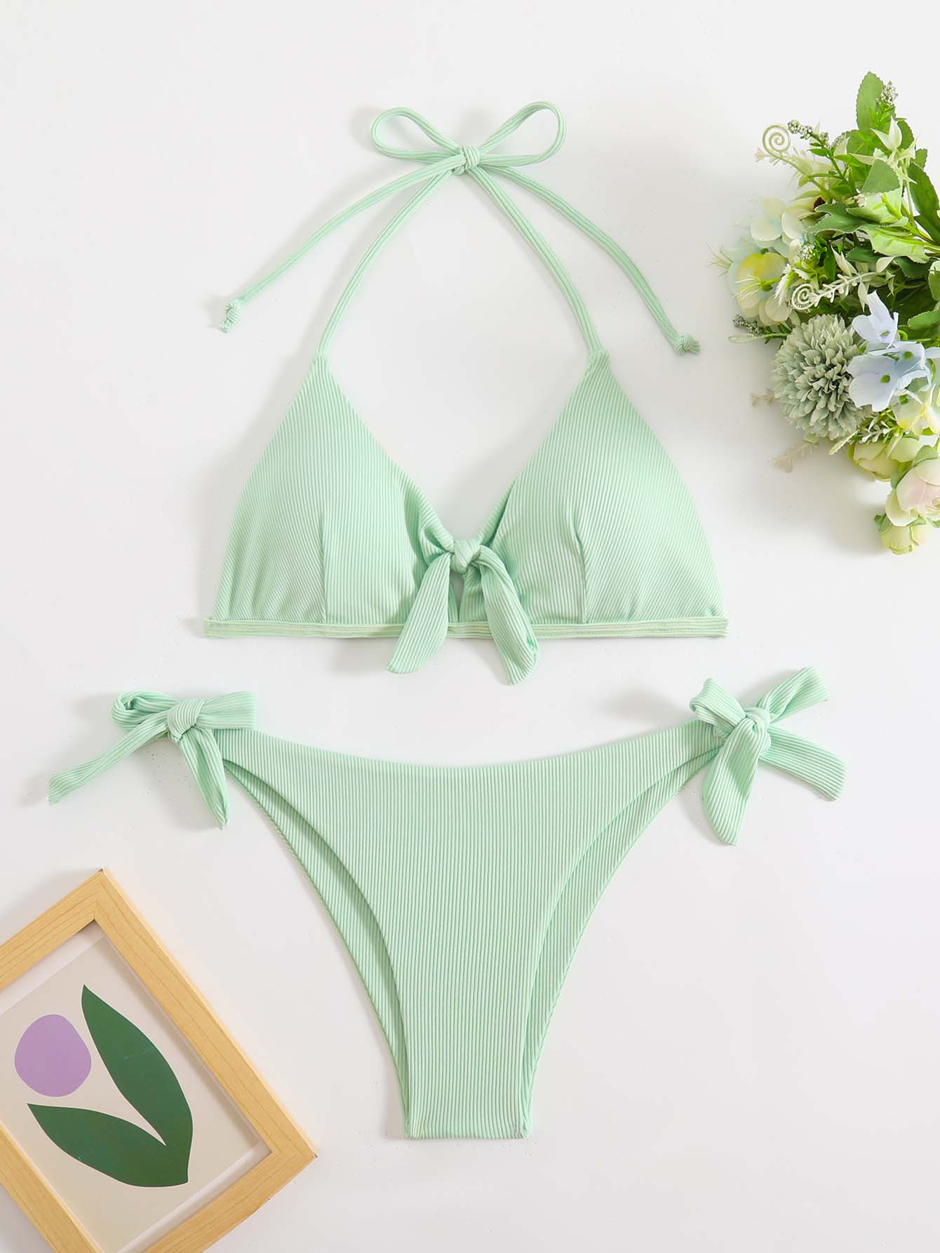 Solid Color Sexy Circular Cutout Split Set Swimsuit Straps Over-the-Shoulder Halter…