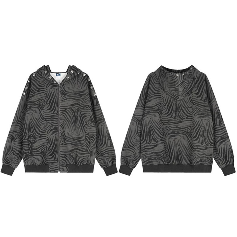 American-style Vintage Zebra-print Hooded Sweatshirt With Studs