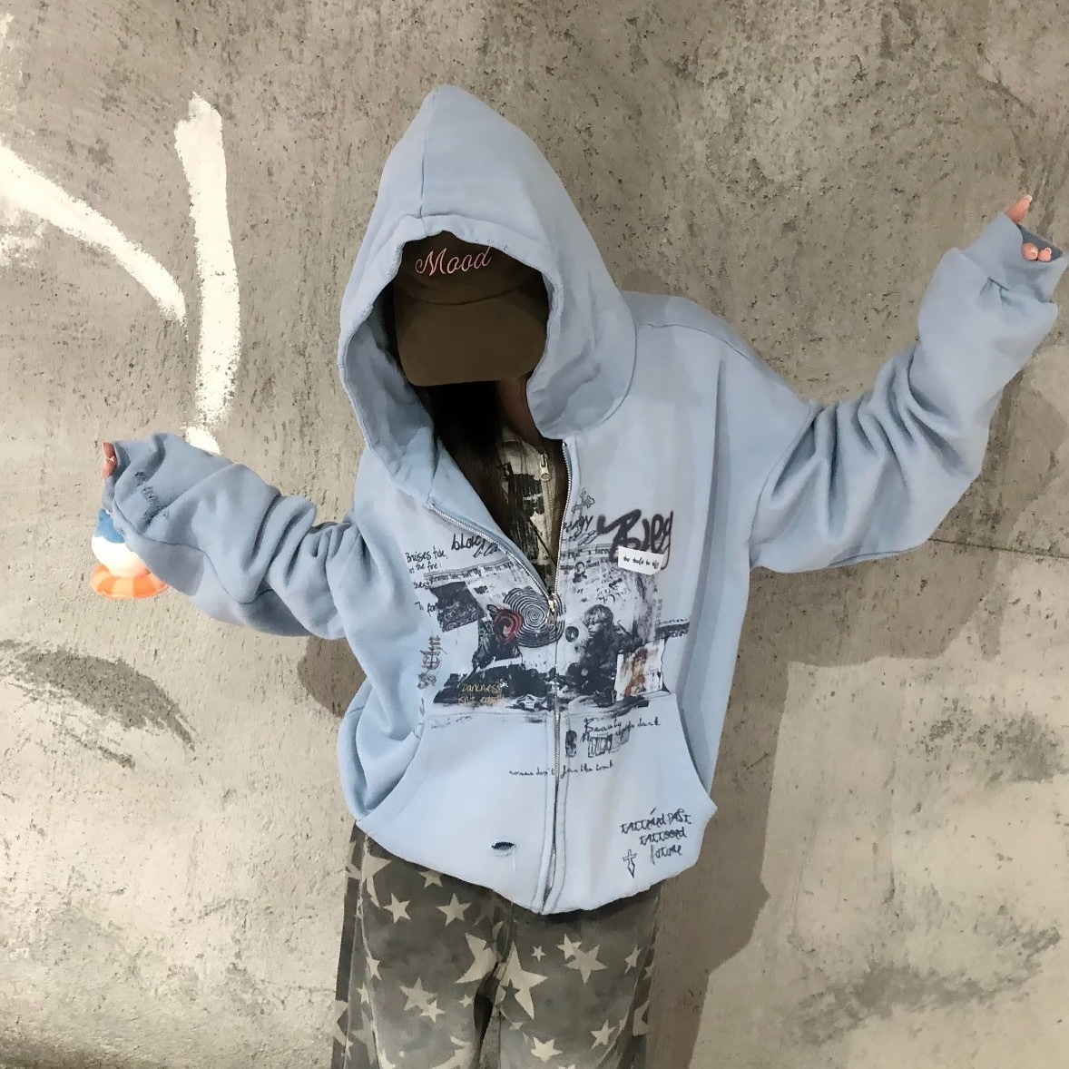 American-style Vintage Streetwear Distressed-design Hooded Sweatshirt