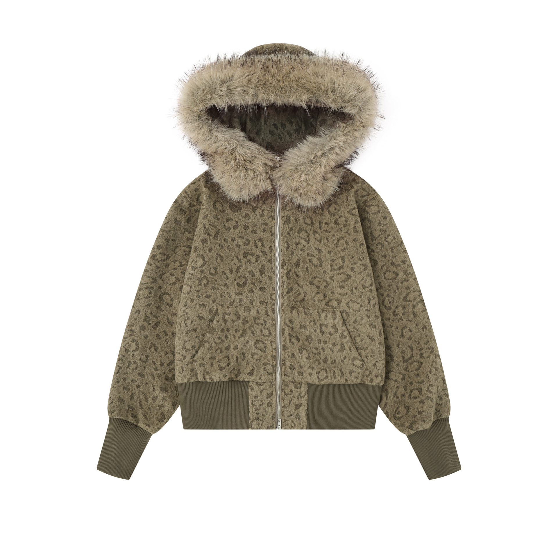 Maillard Brown Leopard-print Large Fur-hooded Coat