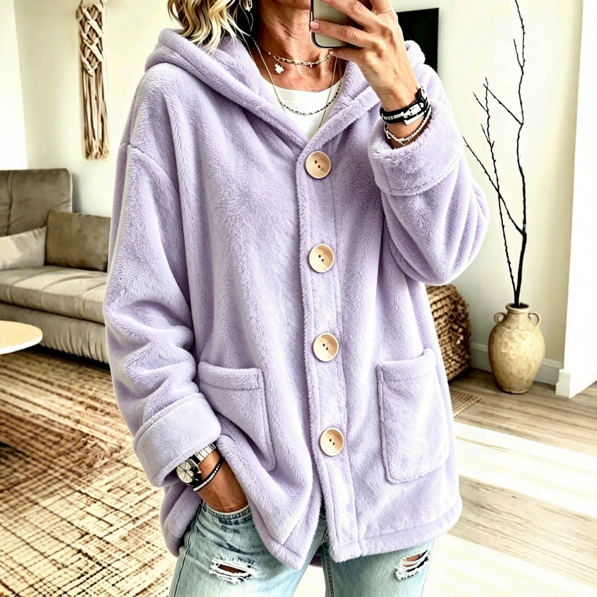 Hooded Velvet Outerwear Loose-fitting Cardigan Top