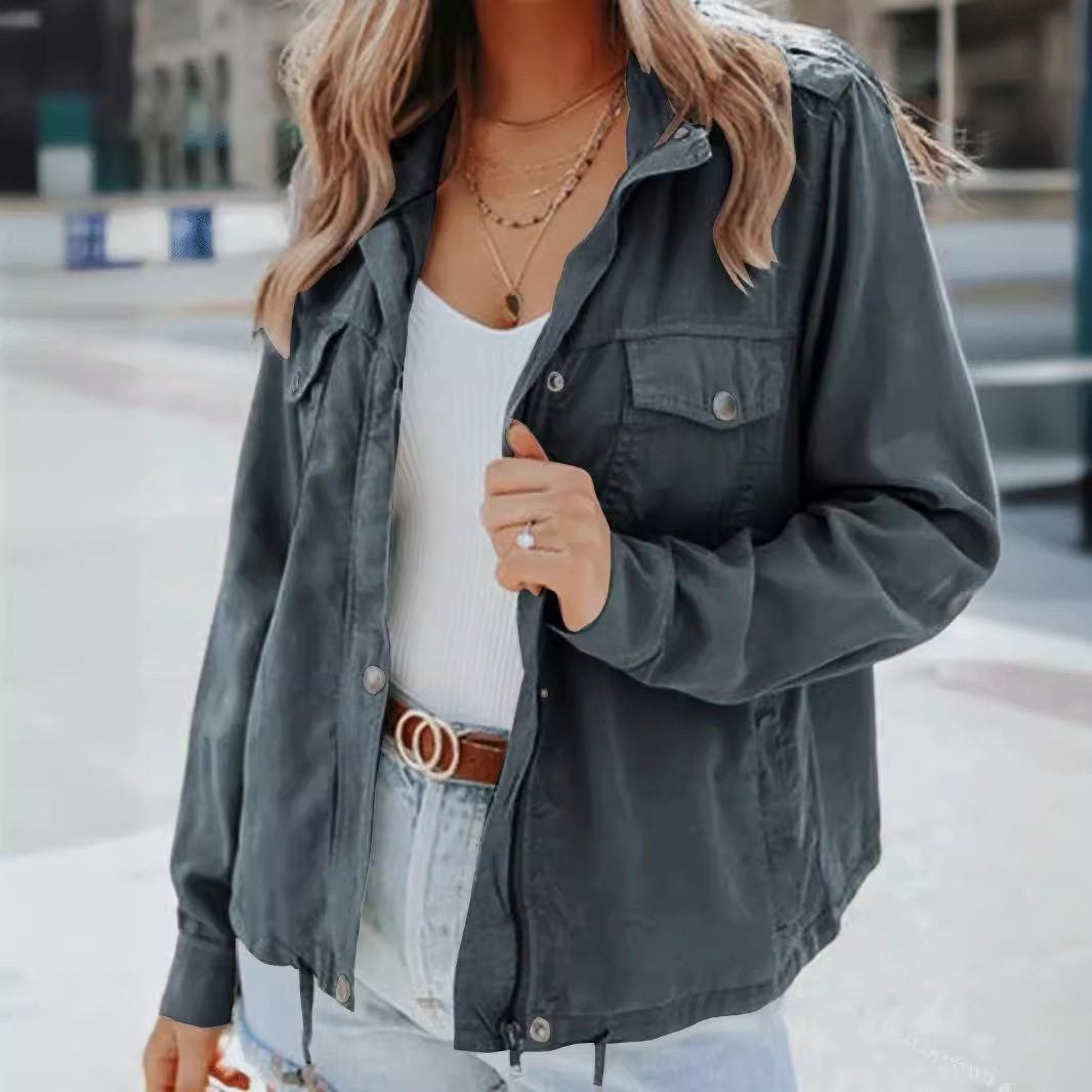 Dark-button Long-sleeved Pocket Drawstring Jacket