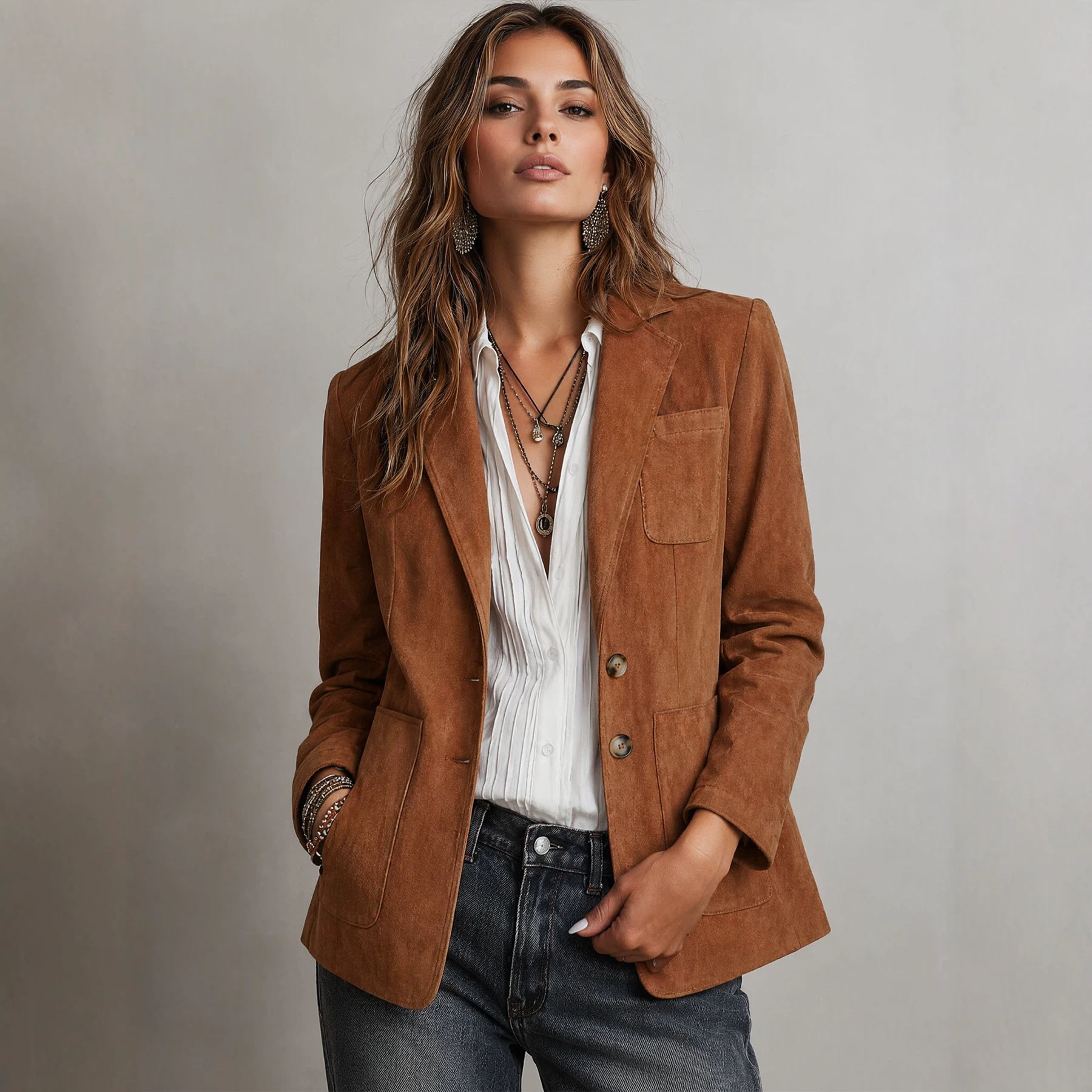 Vintage Loose-fitting Lapel Long-sleeved Women's Blazer Jacket Outerwear