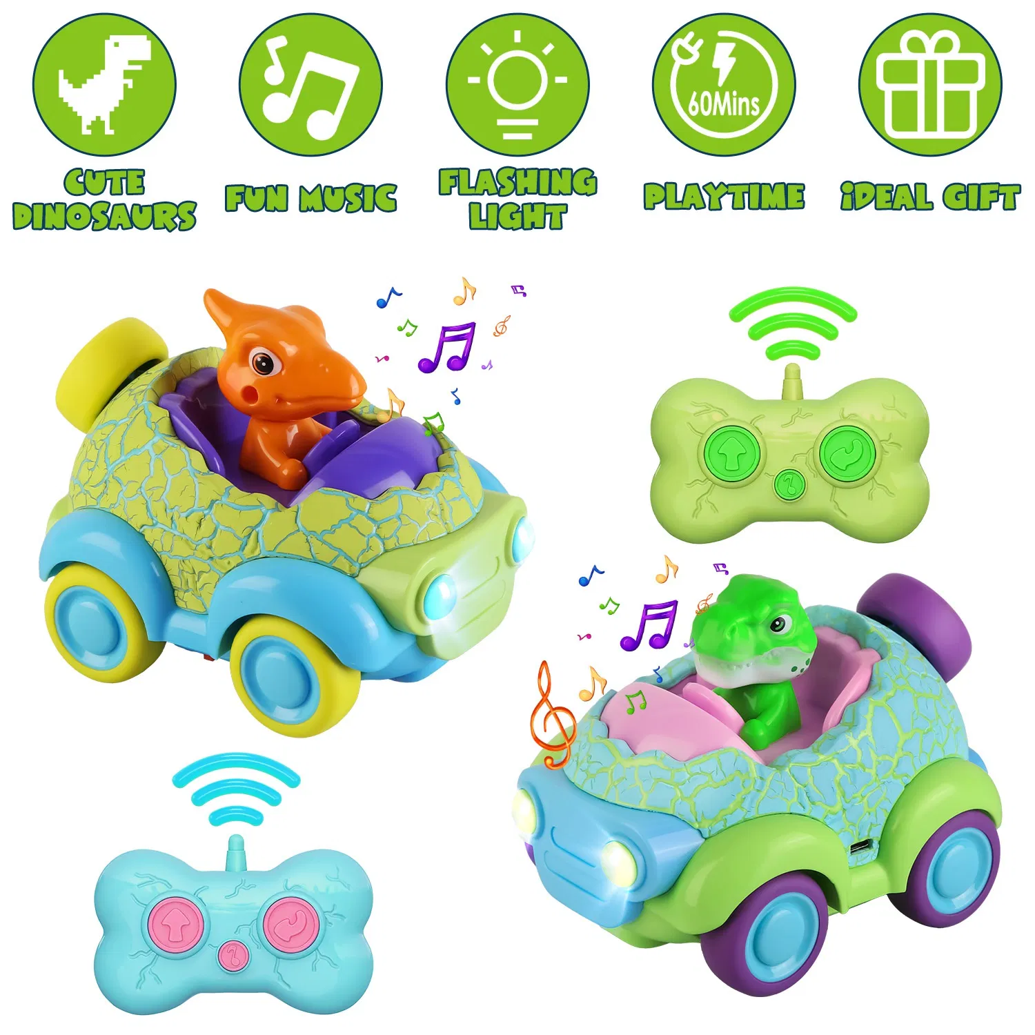 2Pack Dinosaur Remote Control Cars for Toddlers Rechargeable RC Cars with Light Music…