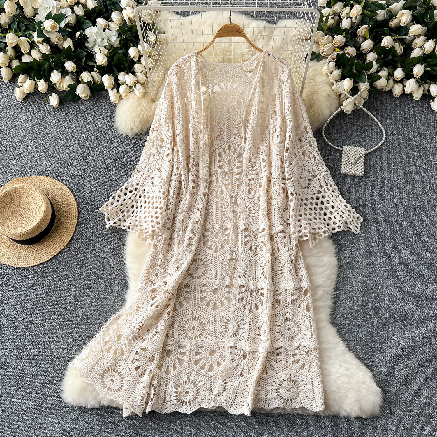 Versatile Slimming Hollow-out Crochet Knit Cardigan Womens Resort-style Outerwear Shawl