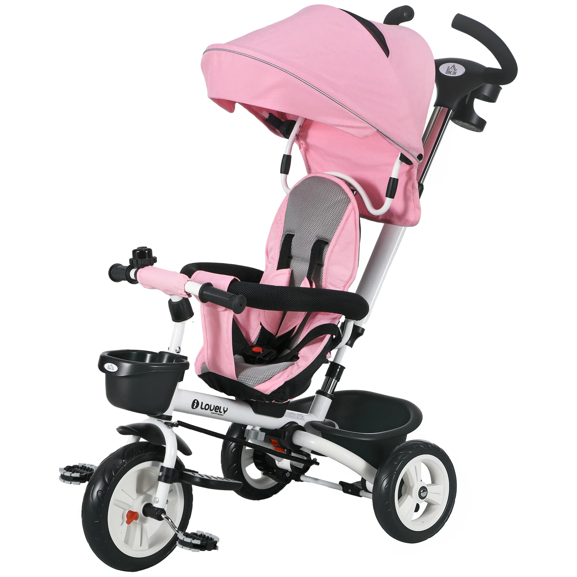 6-in-1 Toddler Tricycle with Parent Push Handle, Canopy, Storage Baskets, Cupholder, Pink