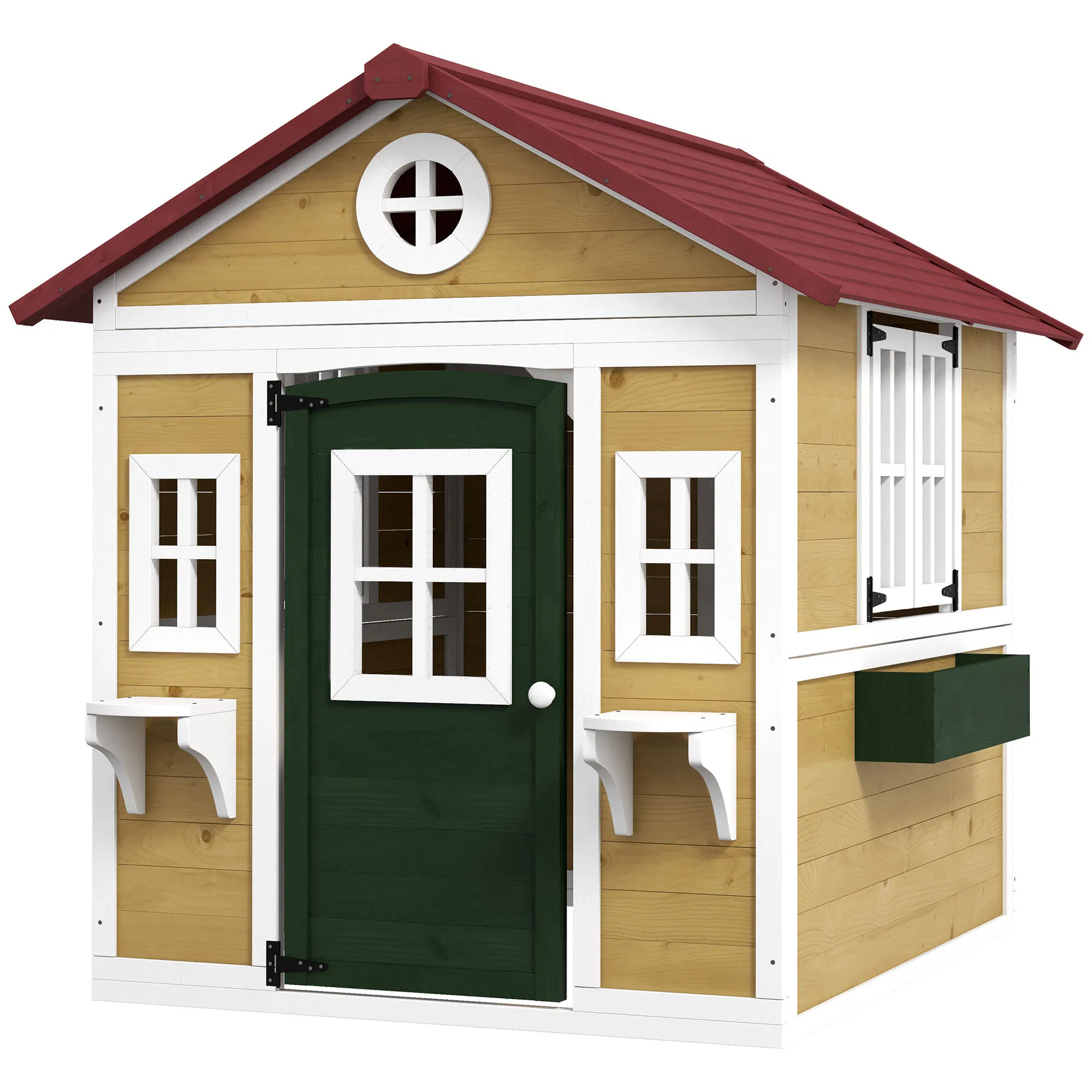 Wooden Playhouse for Kids Outdoor with Door, Windows, Planter Pots and Boxes for Toddlers 3-8 Years, Beige