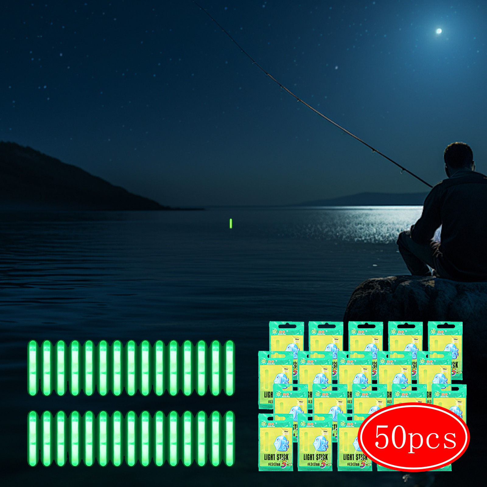 Set Of 50 Fishing Glow Sticks, 30 Meters Long, For Night Fishing And Deep-Sea Fishing Kits