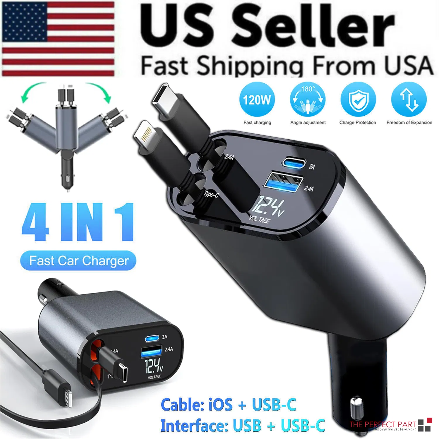 Retractable Car Charger 4-in-1 Fast Car Phone Charger 120W With USB Type C Cable