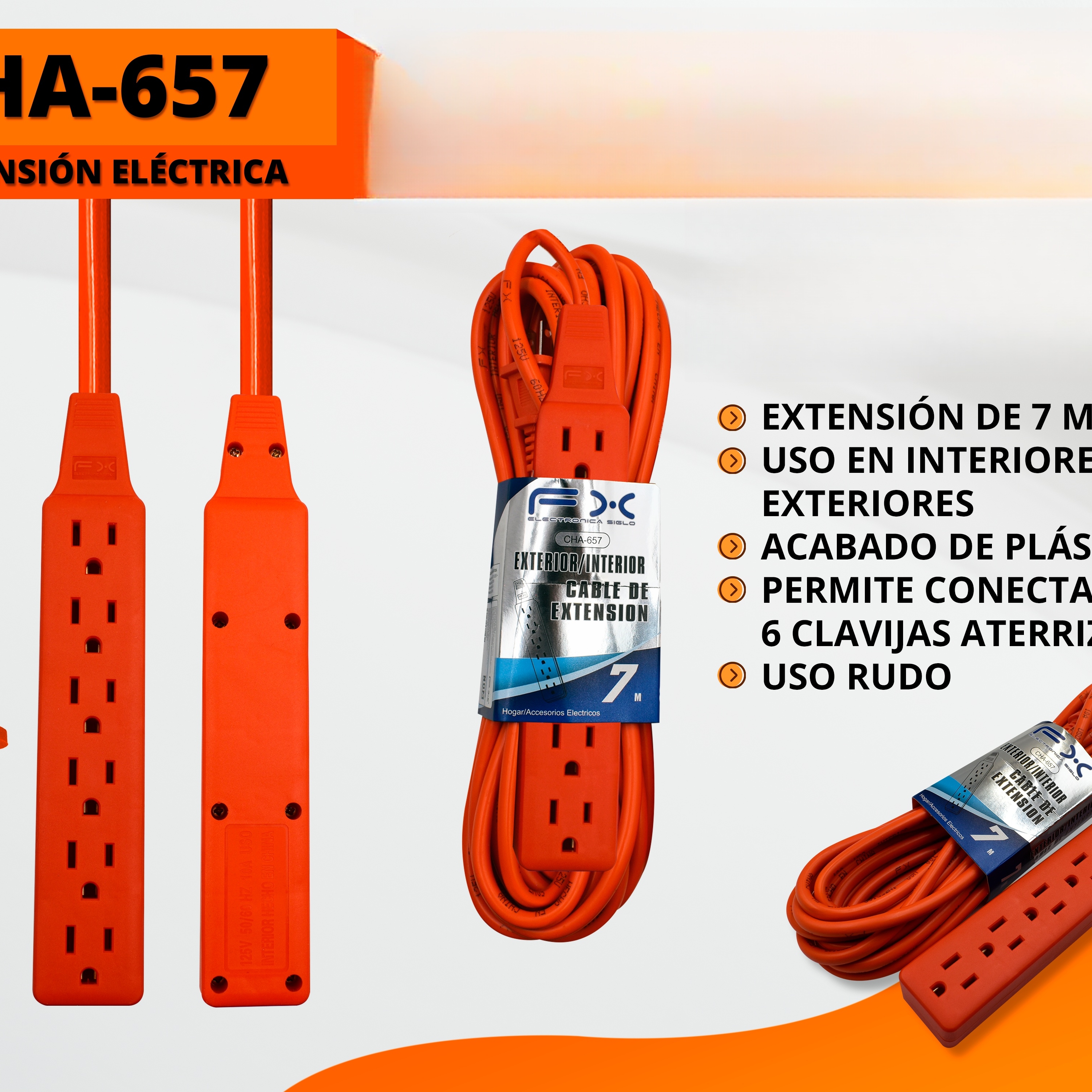 Power Extension Cord 6-outlet Grounded Indoor/outdoor Home Use 7m Orange