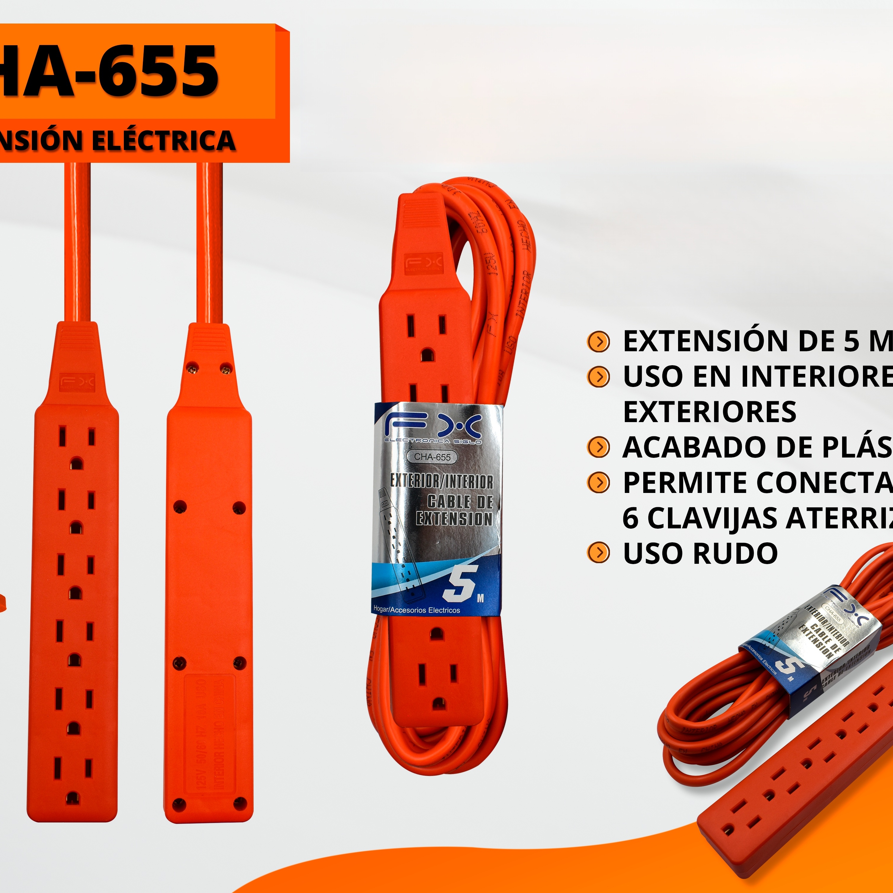 Power Extension Cord Strip Grounded 6-outlet Indoor/outdoor Home Use 5m Orange