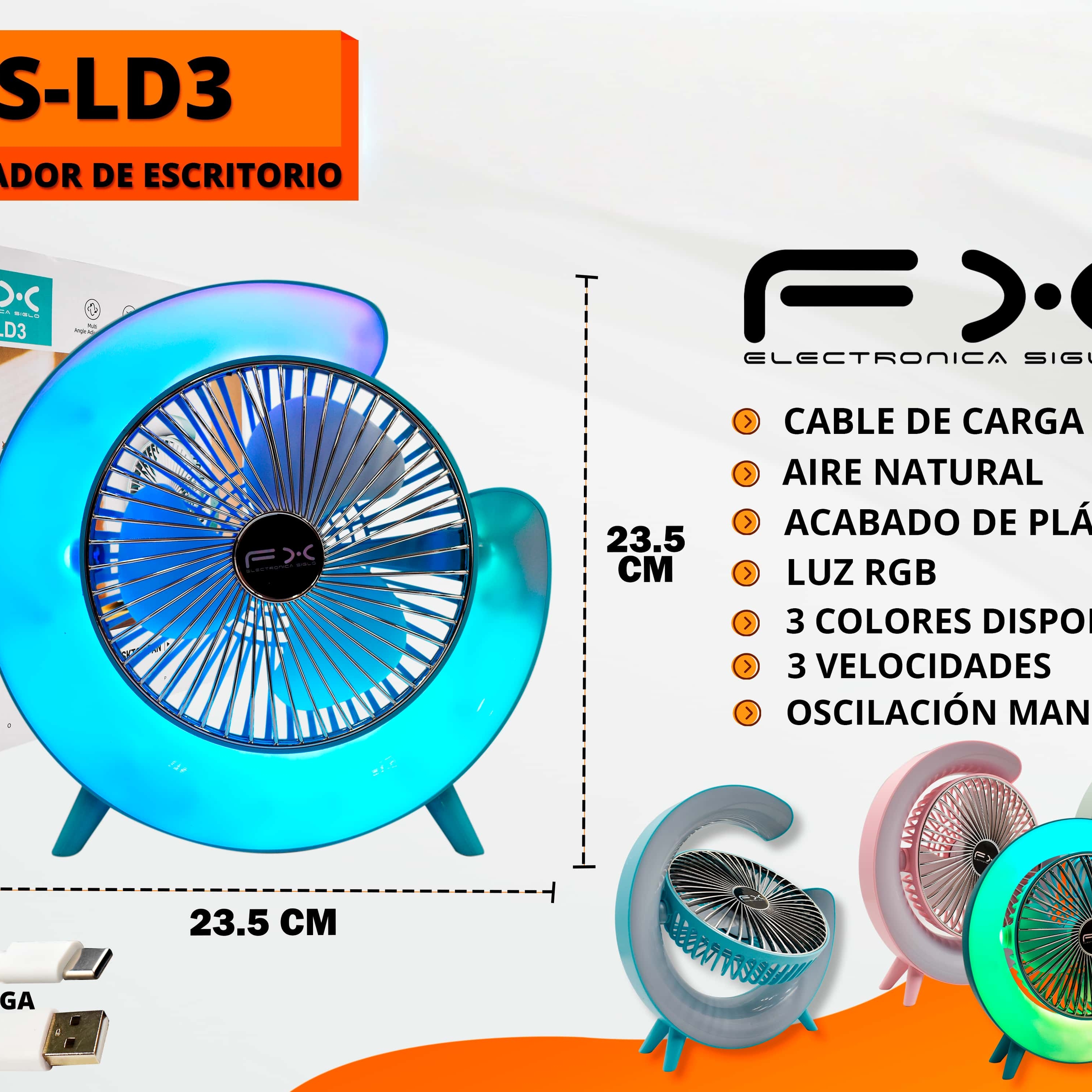 Desktop Fan - Pink, Usb Rechargeable, Rgb Lighting, 3 Speed Settings, 23.5cm - Ideal For…