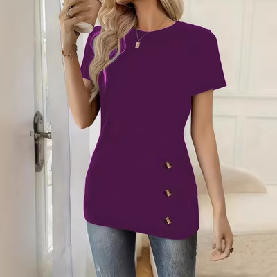 Round-neck Short-sleeve Top With Faux Button Detailingelegant And Versatile