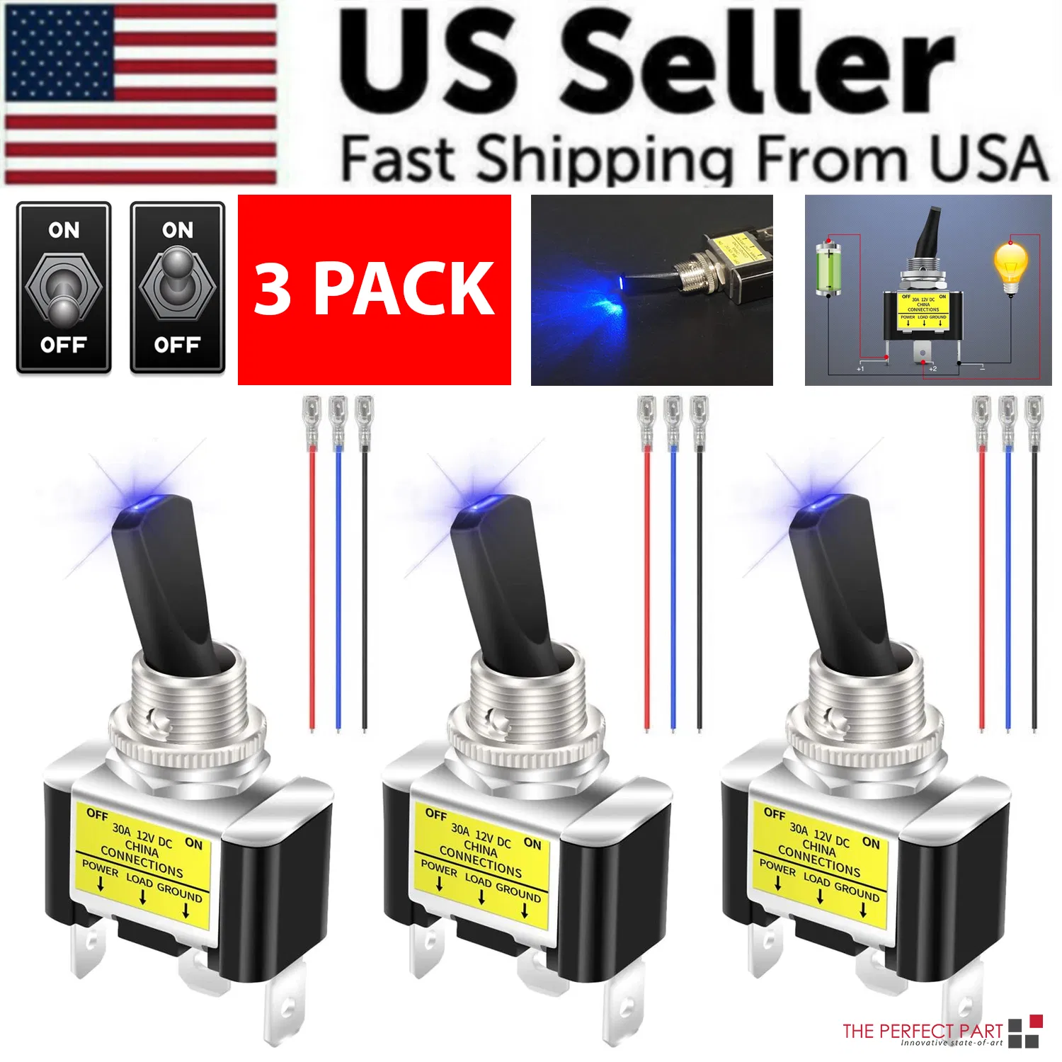 3-Pack 12V 30A Blue LED Light Toggle Rocker ON/OFF Switch 3Pin Marine Car Boat ATV