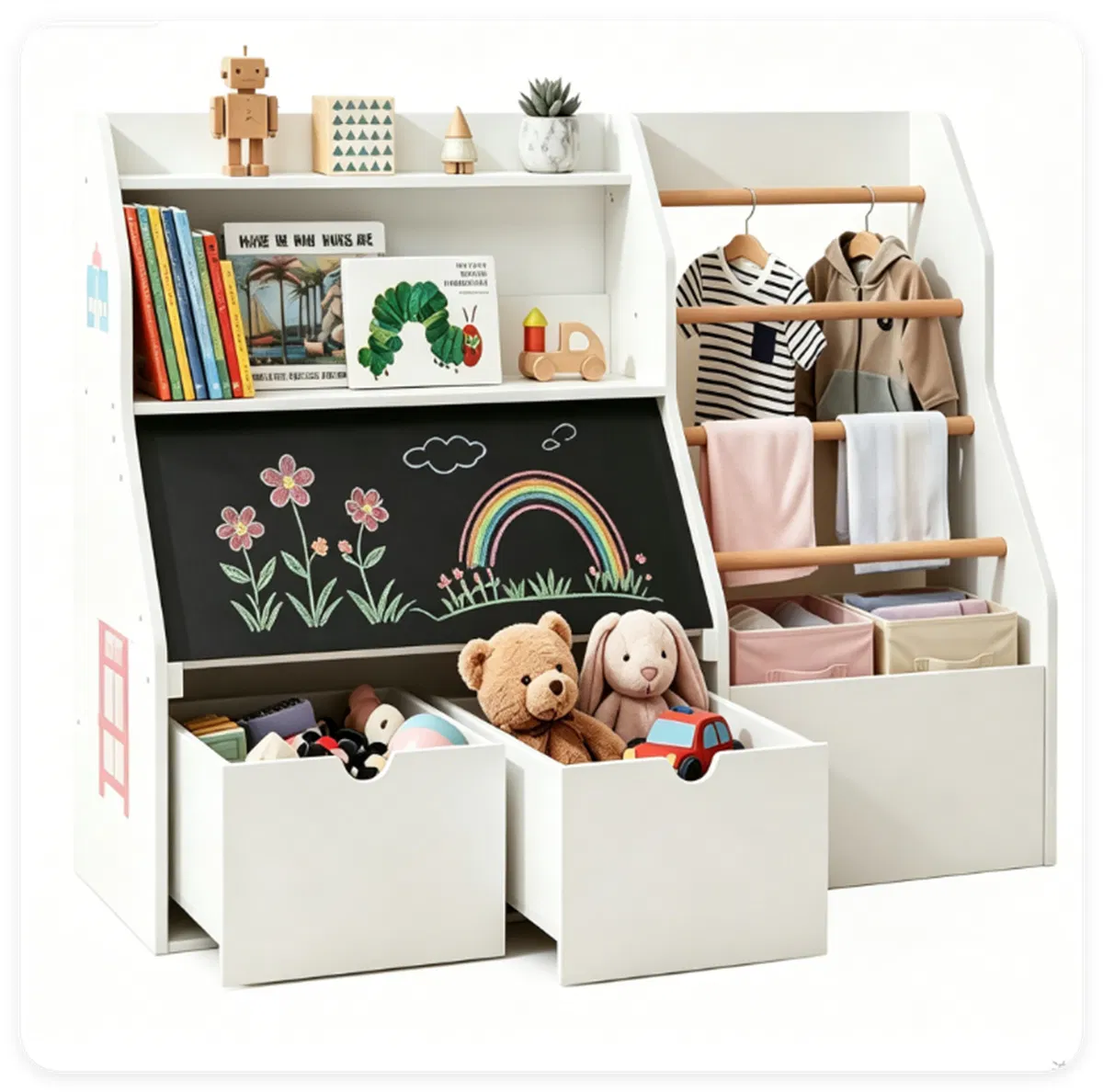 Kids Toy Storage Organizer with Flip Chalkboard, Rolling Drawers & Hanging Rods, Rounded…