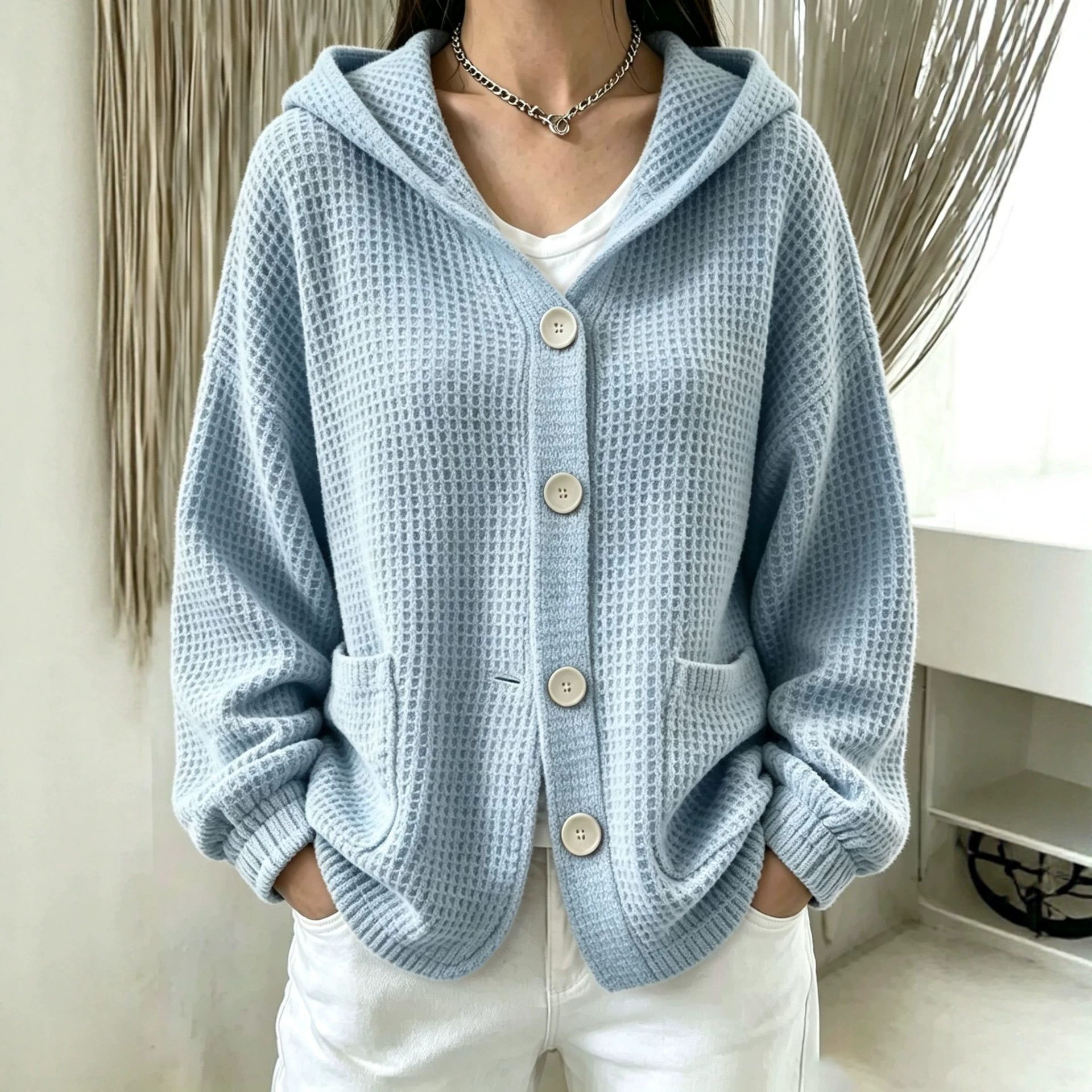 Women's Buttoned Hooded Jacket Top