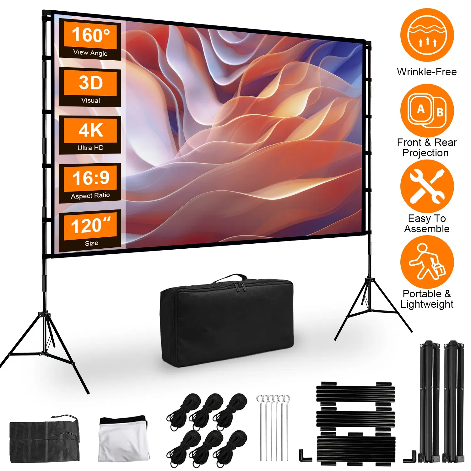100-120" Portable Projector Screen with Stand, Foldable & Anti-Crease, HD 4K Movie Screen…