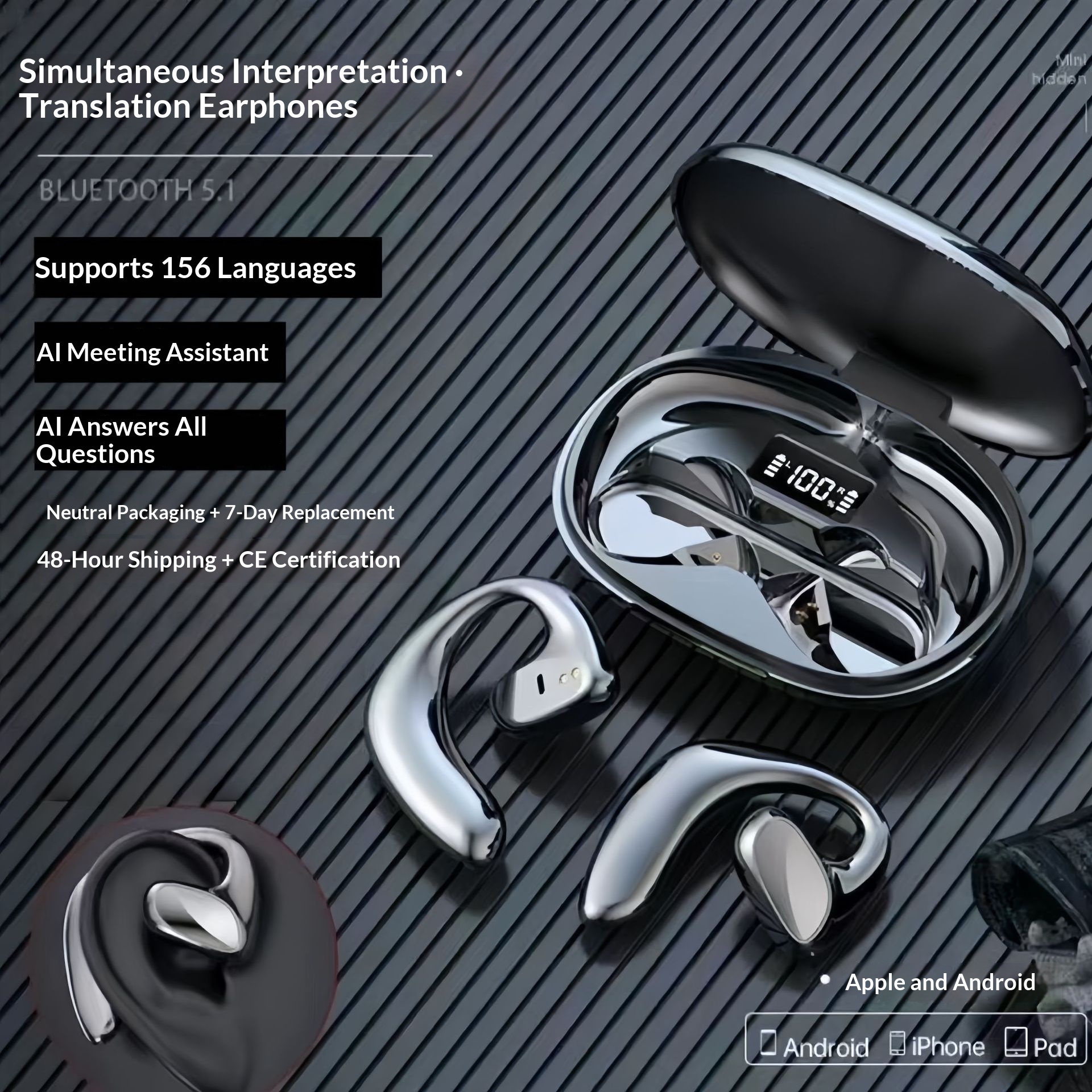 Ear-hook Wireless Translation Headphones - Long Battery Life Open-ear Bluetooth Headset…