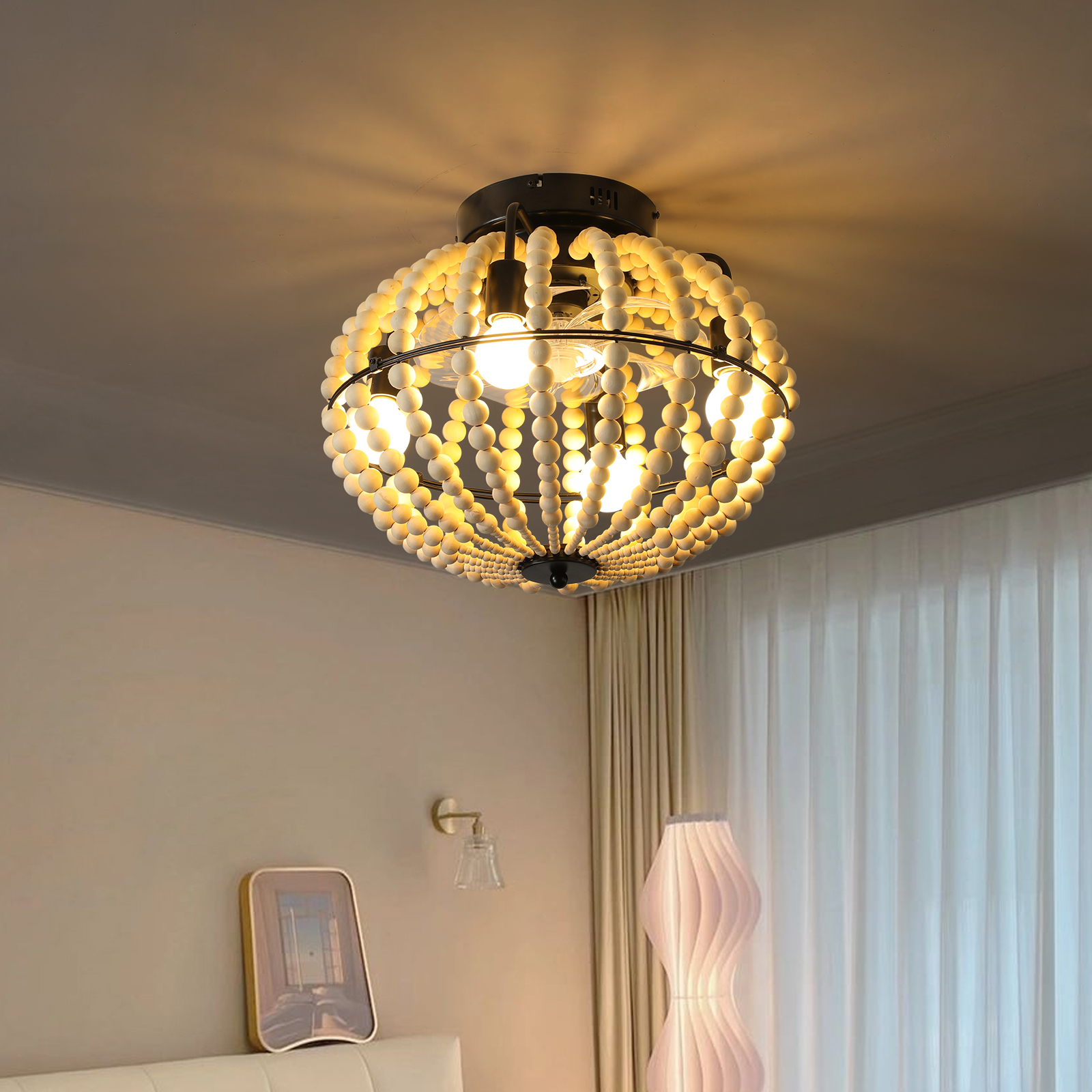 18" Bohemian Wood Beaded Ceiling Fan with Light, Flush Mount Caged Ceiling Fan, Rustic…