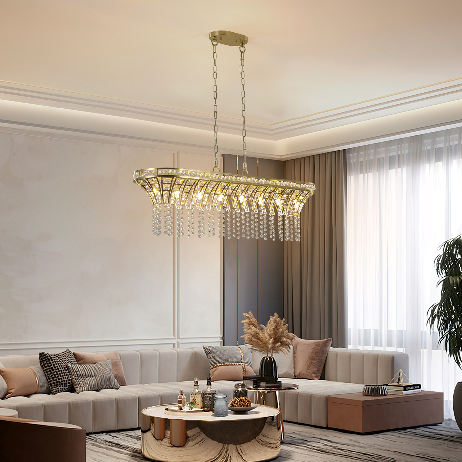 39" Modern Crystal Linear Rectangle Chandelier with Gold Finish, Elegant Pendant Light…