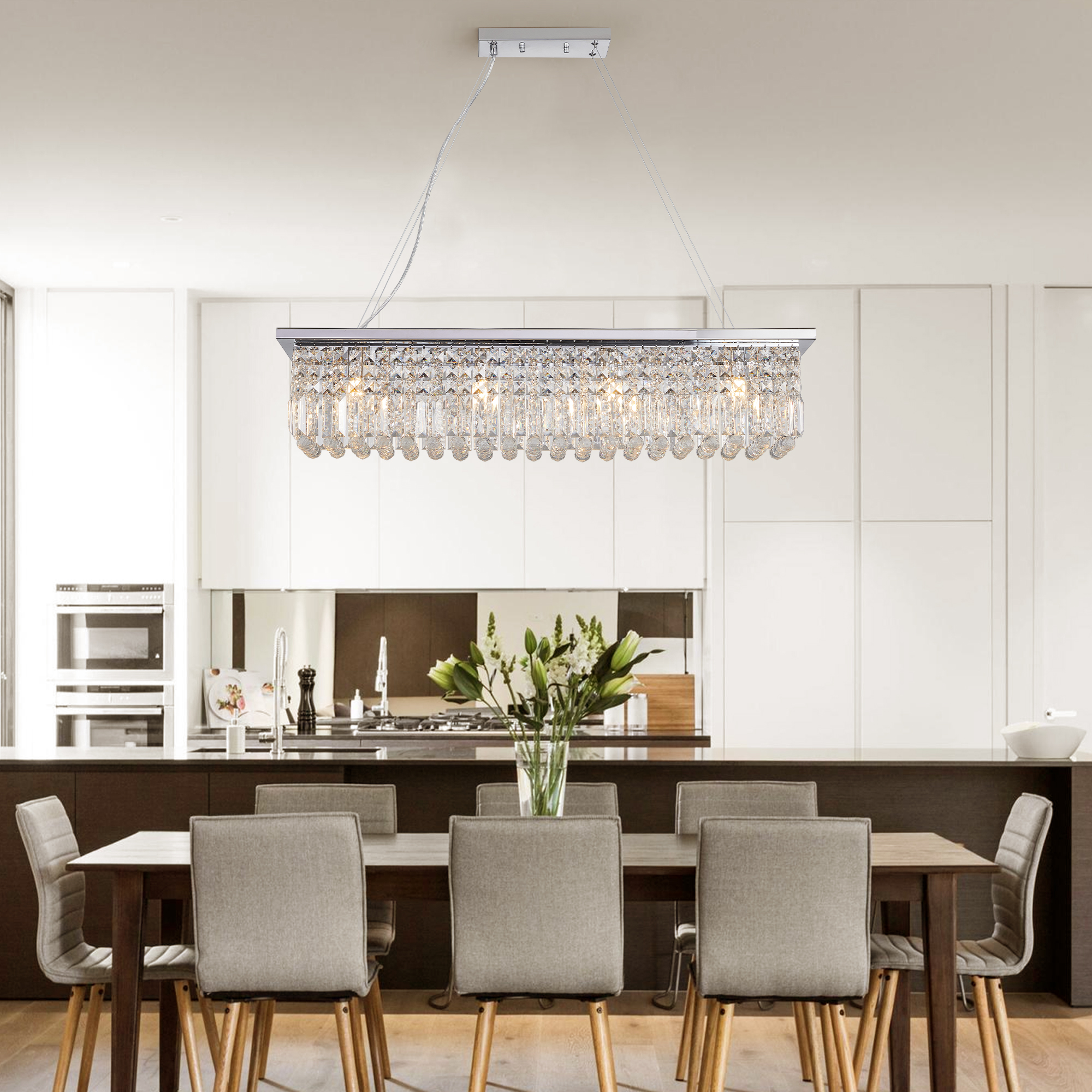 Modern Crystal Chandelier for Dining Room 8-Light White Rectangle Raindrop Chandelier…