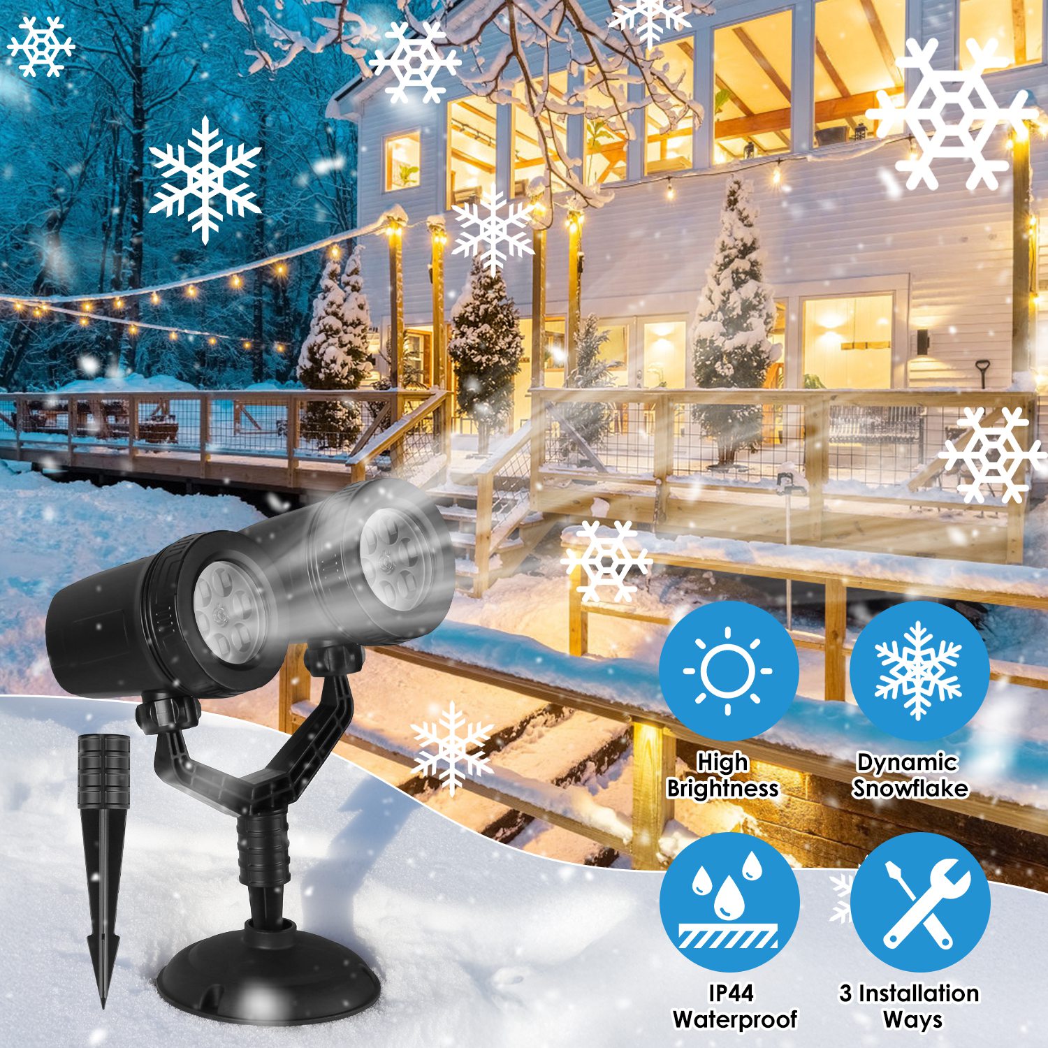 1-Pack Christmas Snowflake Projector Light Dual Head LED Stake Light IP44 Waterproof Xmas…