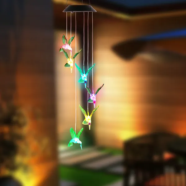 LED Solar Hummingbird Wind Chime Solar String Lights 6 LEDs Color