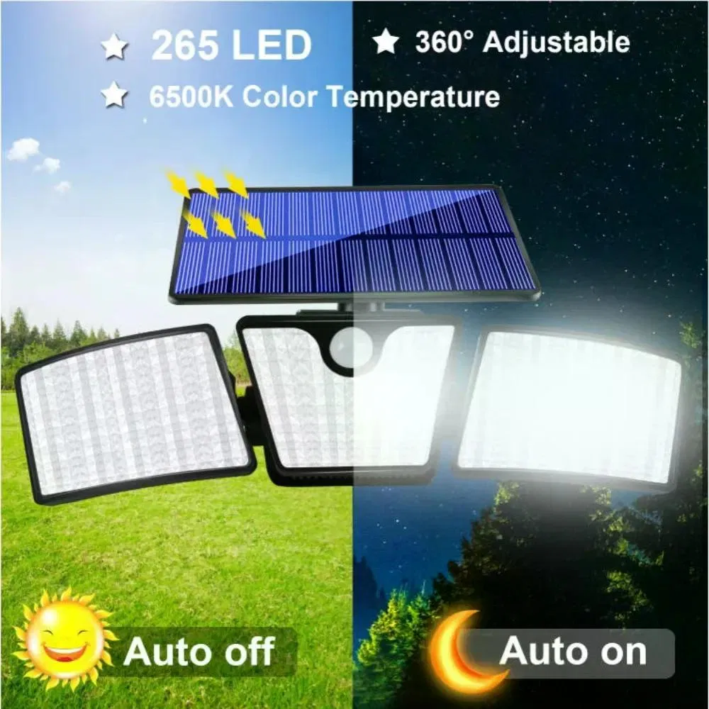265 LED Solar Motion Sensor Wall Light, IP65 Waterproof 3-Head Adjustable Angle Outdoor…