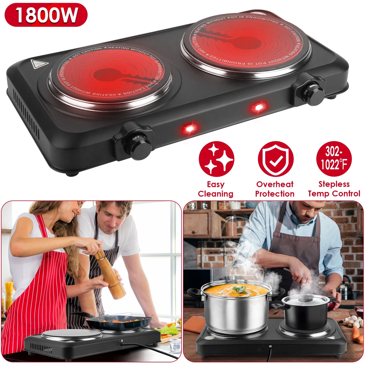 2000W Electric Infrared Dual Burner Portable Heating Hot Plate Stove Countertop RV…