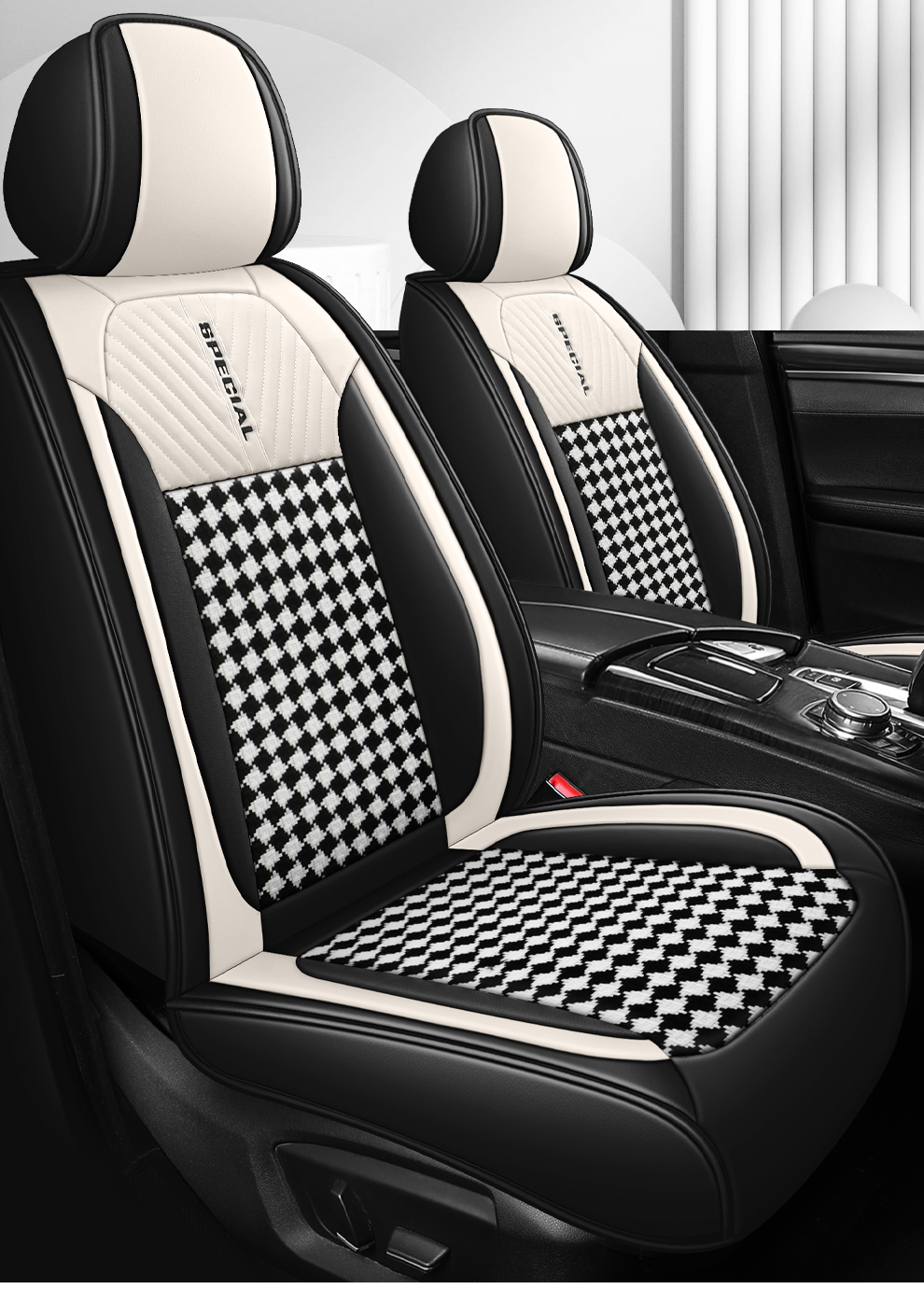 Light Luxury Nordic Style Classic Black White Checkered Plaid Car Seat Covers Full 5-Seat…