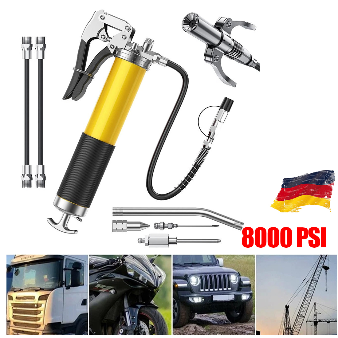 Professional Grease Gun, One-Hand Grease Gun, 8000 PSI, 8-Piece Set With 2 Standard Hoses