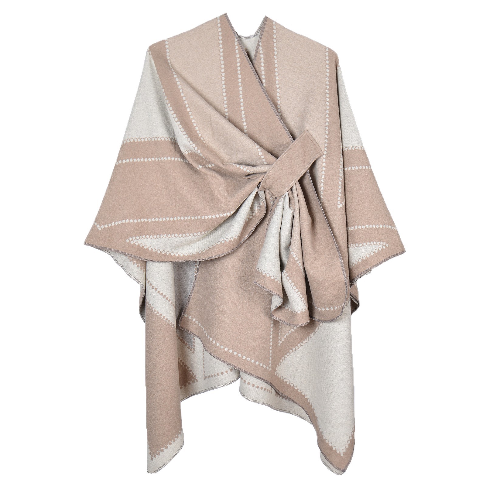 Women's Belted Shawl, Fashion Designer Thick Faux Cashmere Split Poncho Catwalk Outerwear