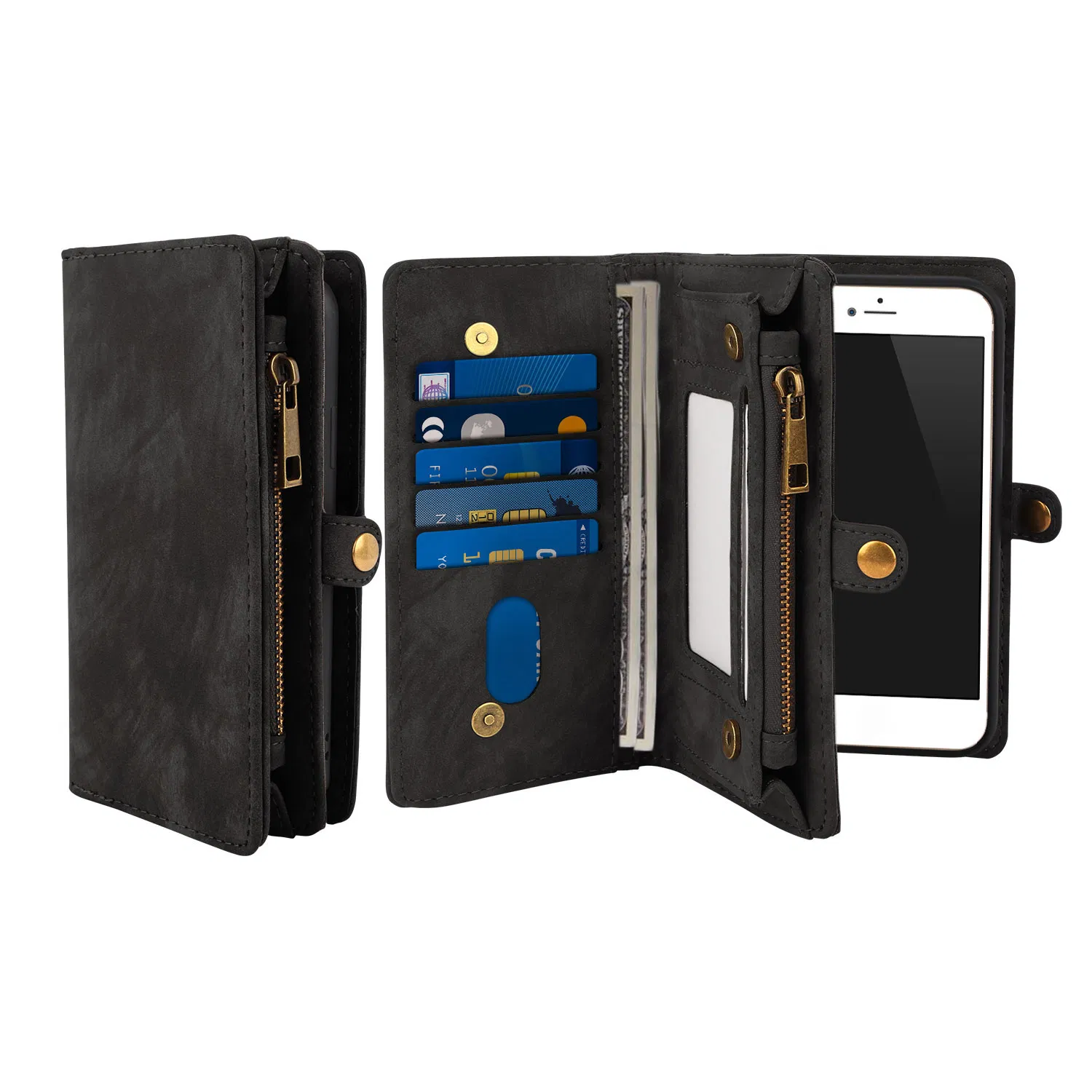 Phone Wallet Case For iPhone 8 Plus Portable Wallet Case 2-in-1 Leather Zipper Magnetic…