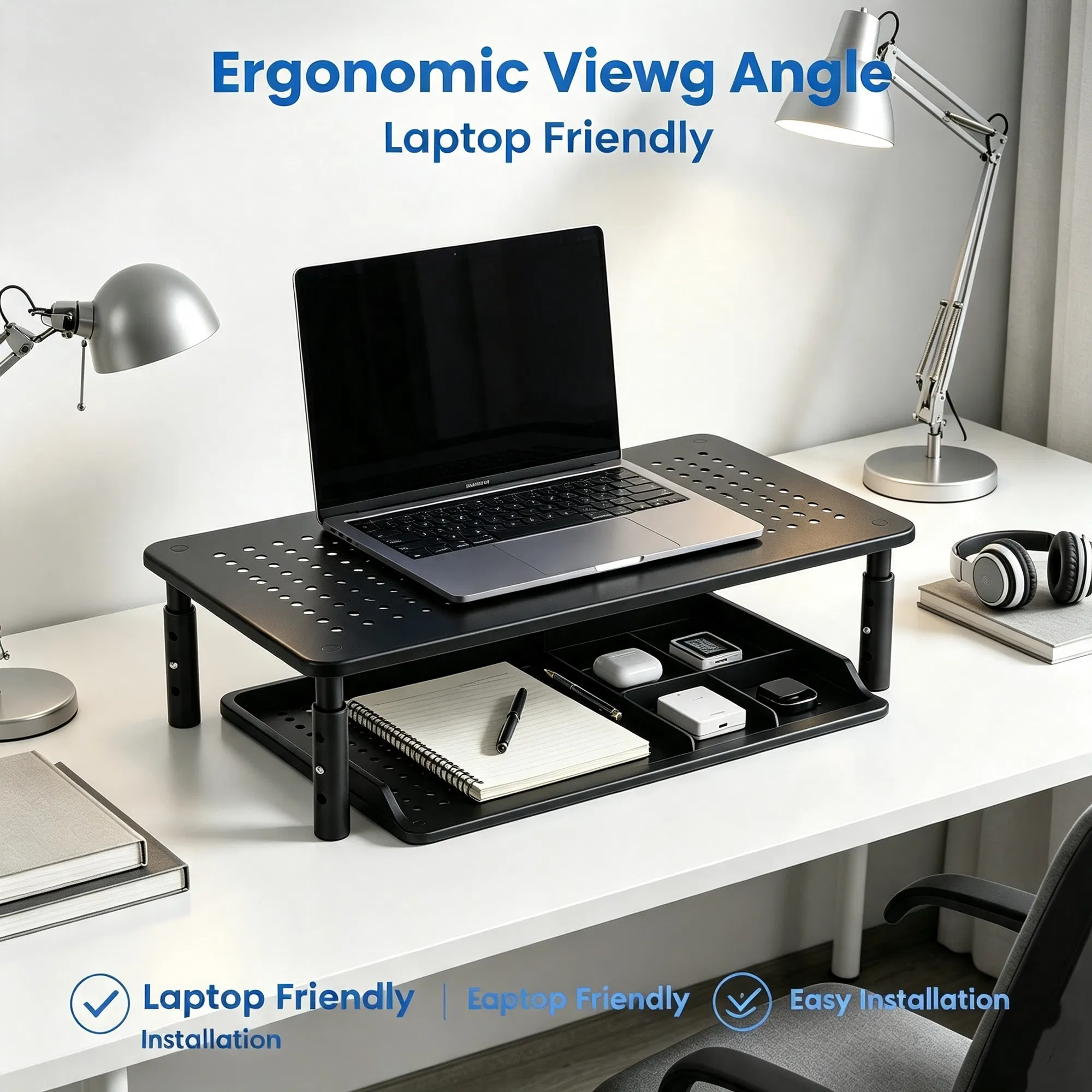 3-Level Adjustable Computer Monitor Stand, Metal Mesh Ventilated Riser, 44 Lbs Max Load…