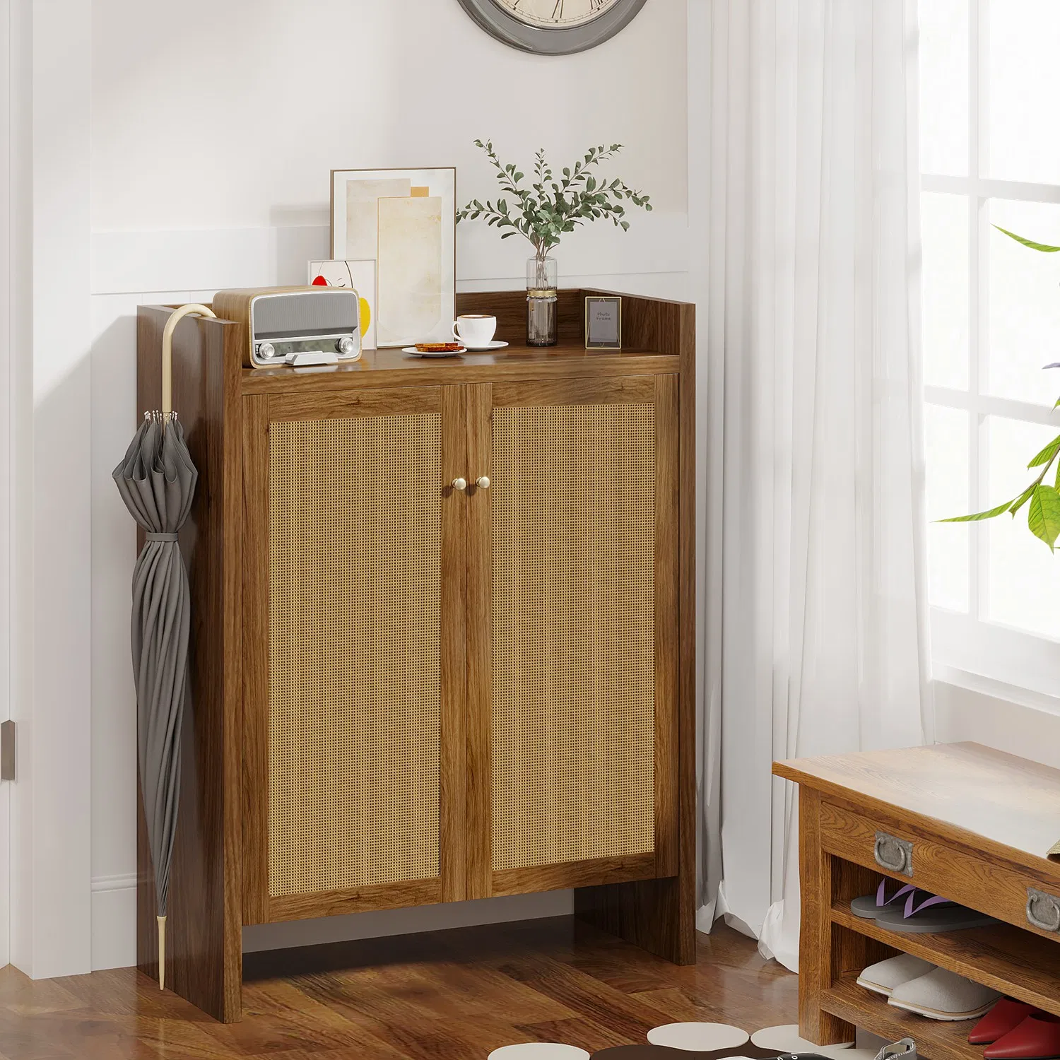 Shoe Cabinet Set, Large Capacity Shoe Storage Organizer Cabinet, Tall Rattan Shoe Cabinet…