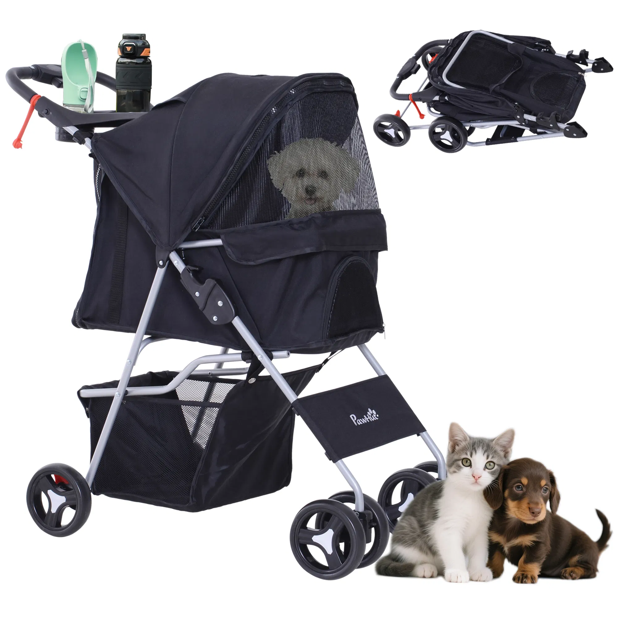 Dog Stroller, One-click Folding Pet Stroller with Cup Holder, 4 Wheels Travel Carrier w…