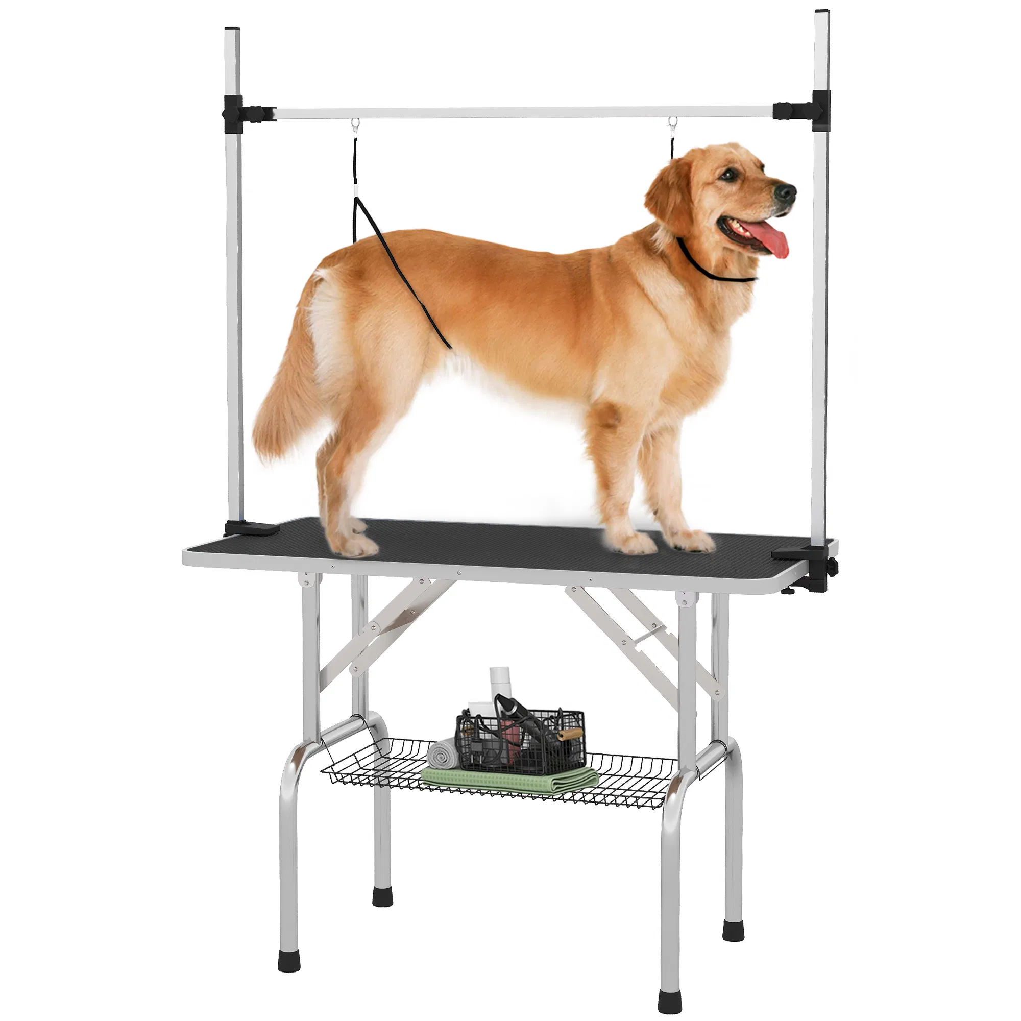 Adjustable Dog Grooming Table with 2 Safety Slings, Storage Basket, Black